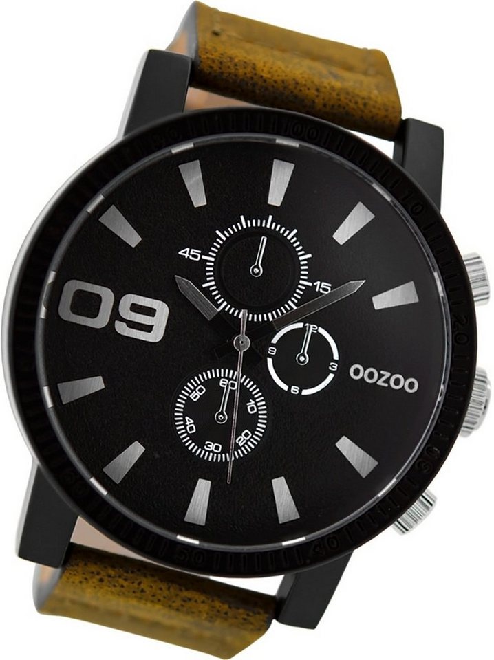 OOZOO Quarzuhr Oozoo Leder Herren Uhr C9033A Analog, Herrenuhr Lederarmband  braun, rundes Gehäuse, extra groß (ca. 50mm)