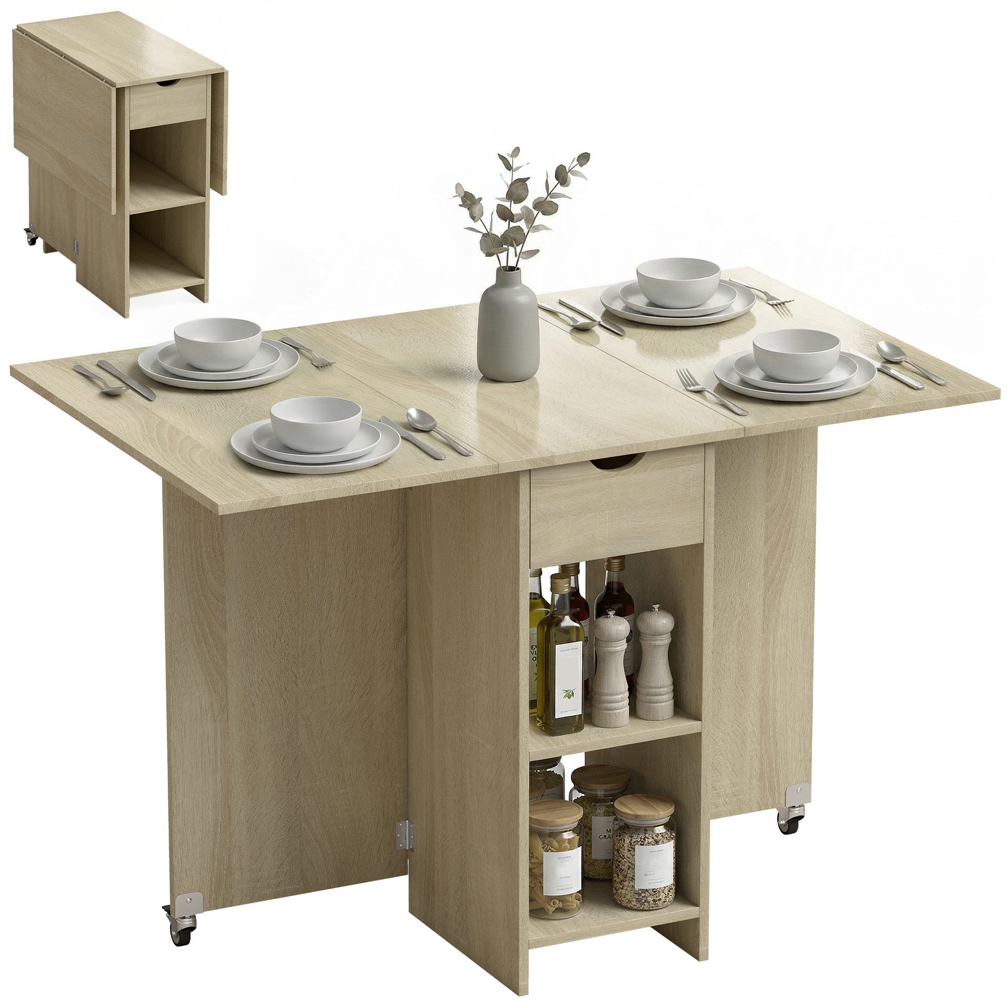 HOMCOM Klapptisch mit Schublade und 2 Ablagen (Moderner Esszimmertisch, Esstisch Klappbar), für Kleine Räume, Esszimmer, Küche, 114,5 x 70 x 75 cm, Natur