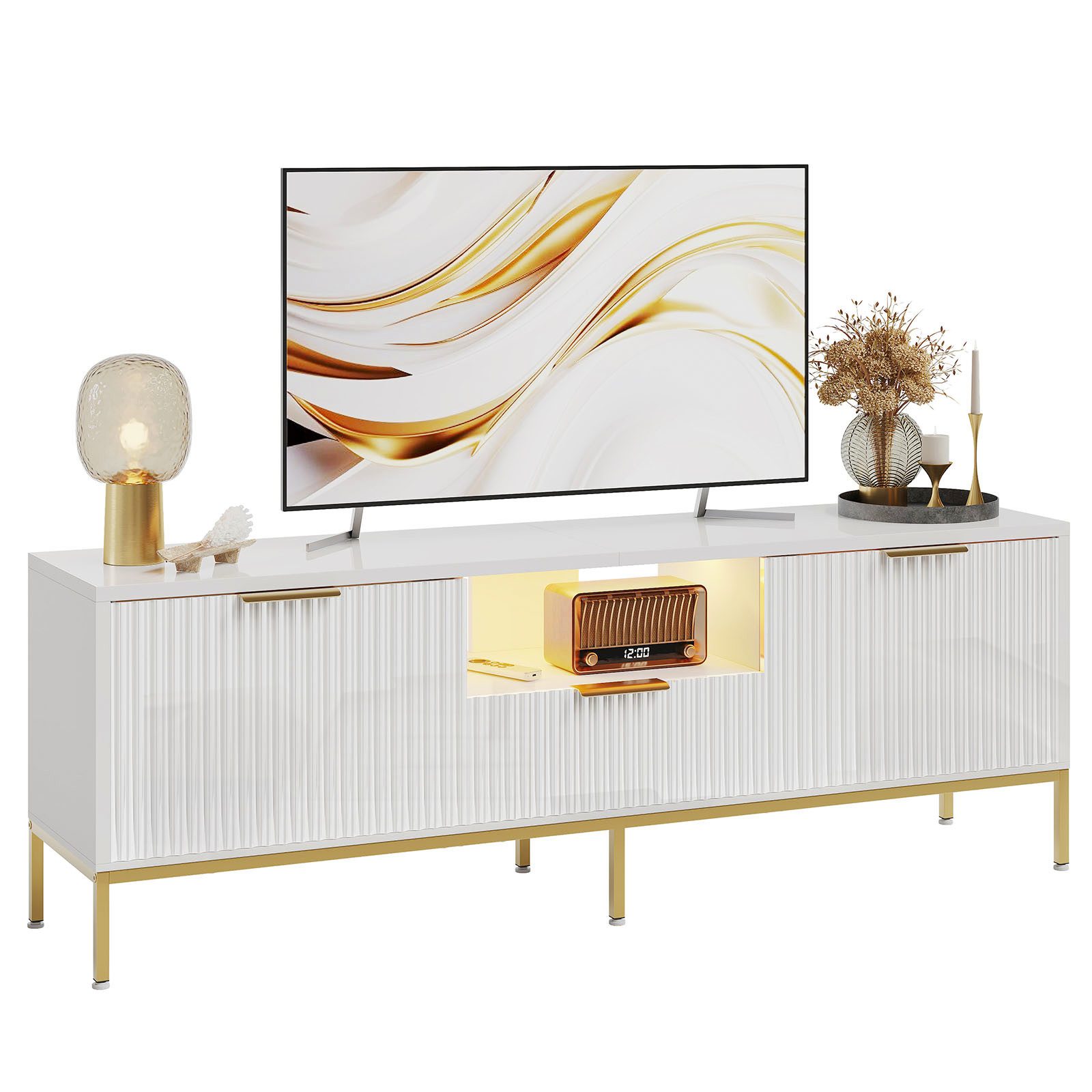 Bestier TV-Schrank TV-Schrank Lowboard für 65 Zoll & kleinere TVs, 144.8 x 35 x 54 cm Türfront mit glänzendem Wellenmuster und Schubladen