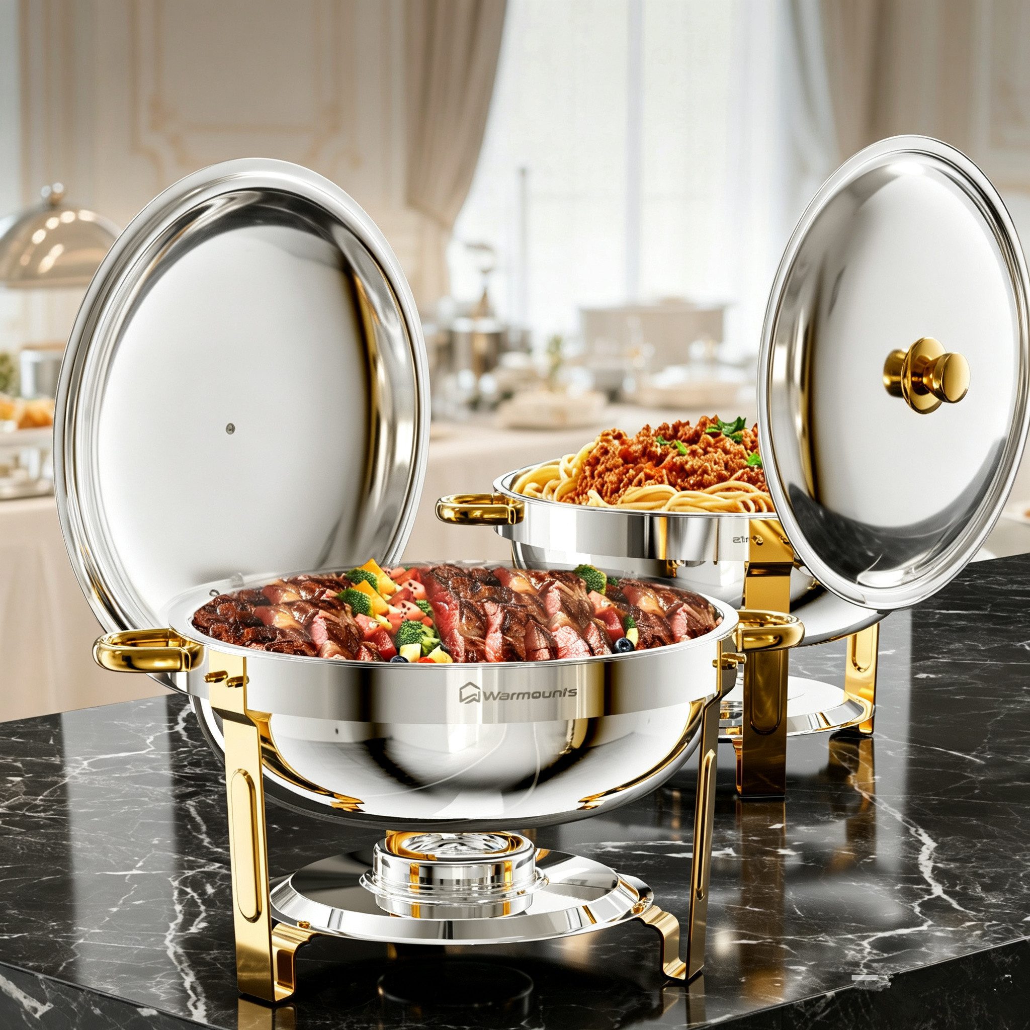 Warmounts Speisenwärmer 4,7L Luxus Buffetwärmer Edelstahl, (2-tlg., Chafing Dish Speisenwärmer Set, 5QT Rund Buffet Warmhalter-Set), für Party, Hochzeit, Weihnachten, Catering