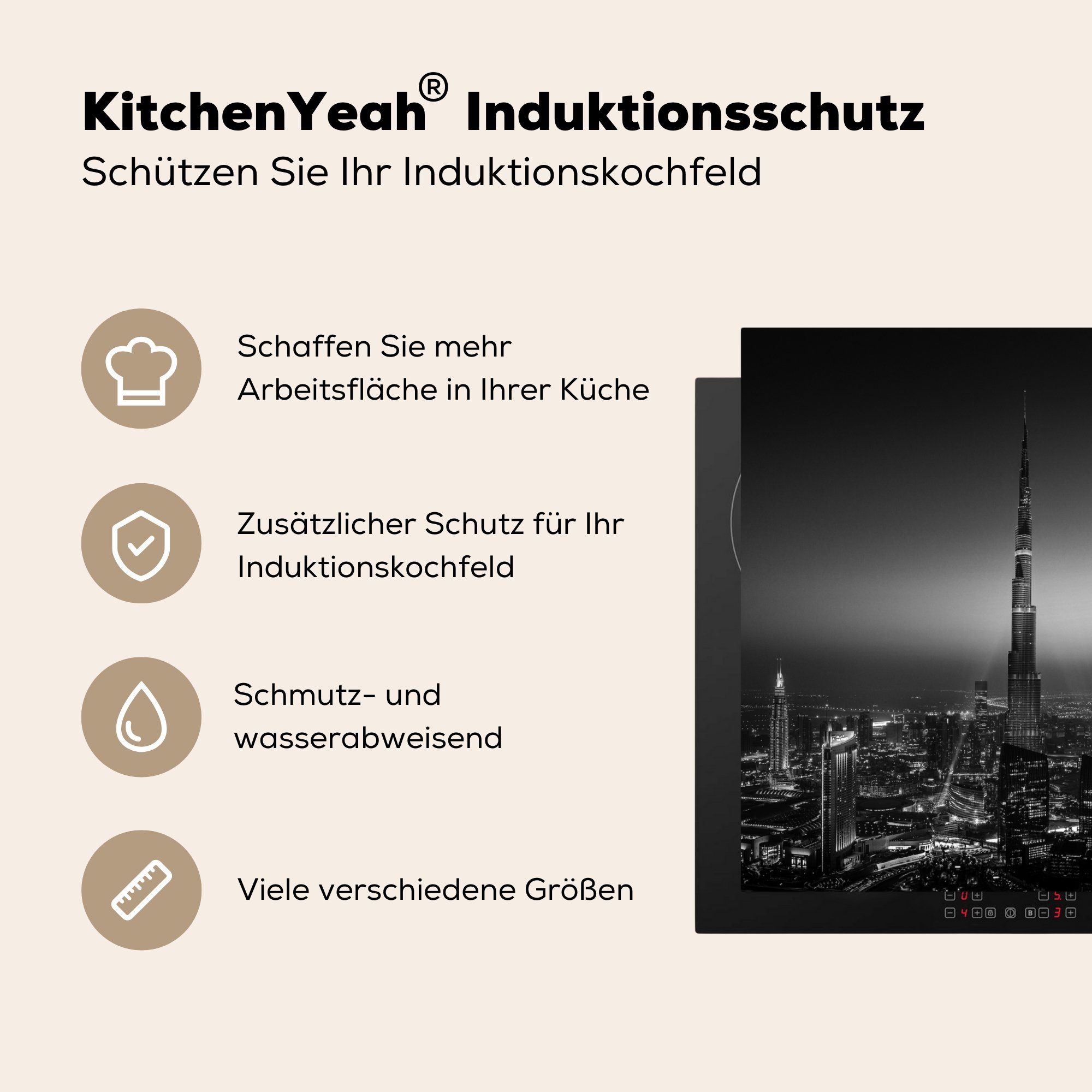 MuchoWow Herdblende-/Abdeckplatte Dubai - Ceranfeldabdeckung, - tlg), cm, Arbeitsplatte - Weiß, 78x78 küche für Schwarz Hell Vinyl, (1