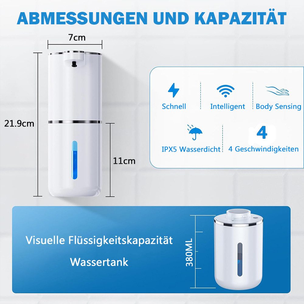 TUWENA Seifenspender Seifenspender Automatisch, 380ml Elektrischer Seifenspender mit Sensor, Wiederaufladbar Seifenspender, IPX5 Wasserdicht für Badezimmer Küche