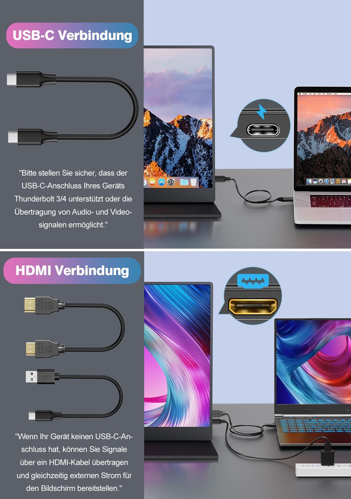 Bundviel Portable Monitor 18,5 Zoll Tragbarer Monitor FHD 1080P, VESA Portabler Monitor (47 cm/18.5 ", 1920 x 1080 px, FHD, 3 ms Reaktionszeit, 120 Hz)