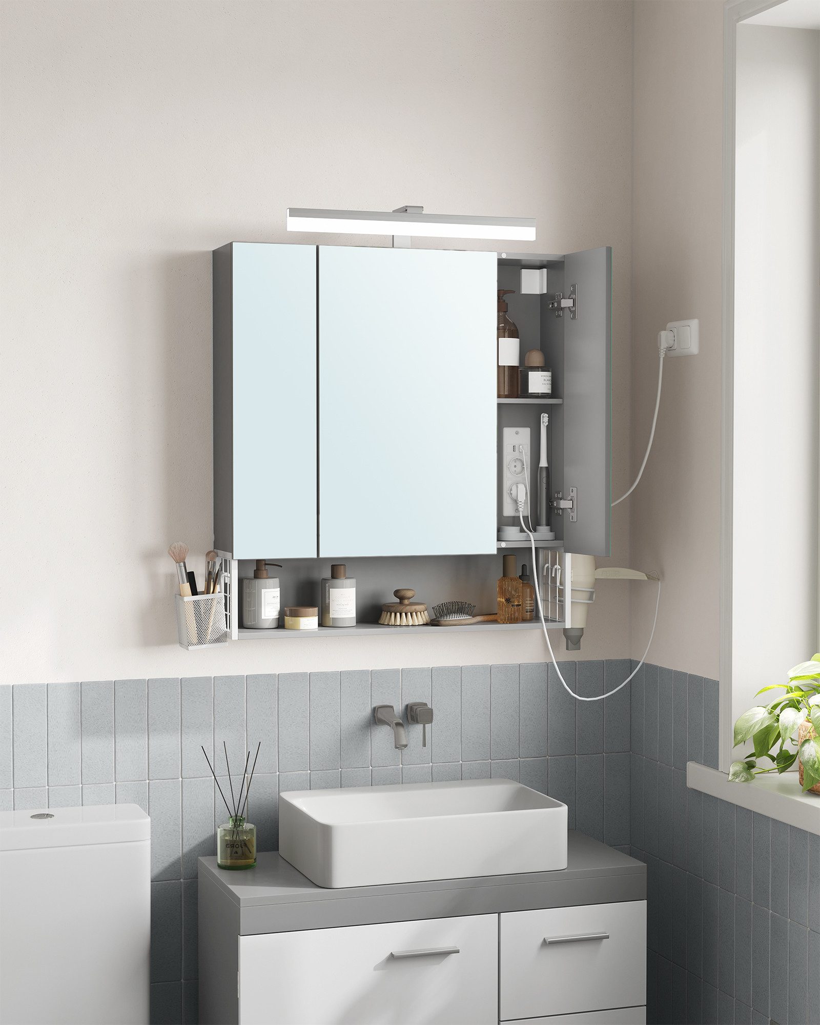 VASAGLE Spiegelschrank Badezimmerschrank Breite 70-90cm, 90° drehbar LED, mit Steckdosen, Haartrockner-Halter