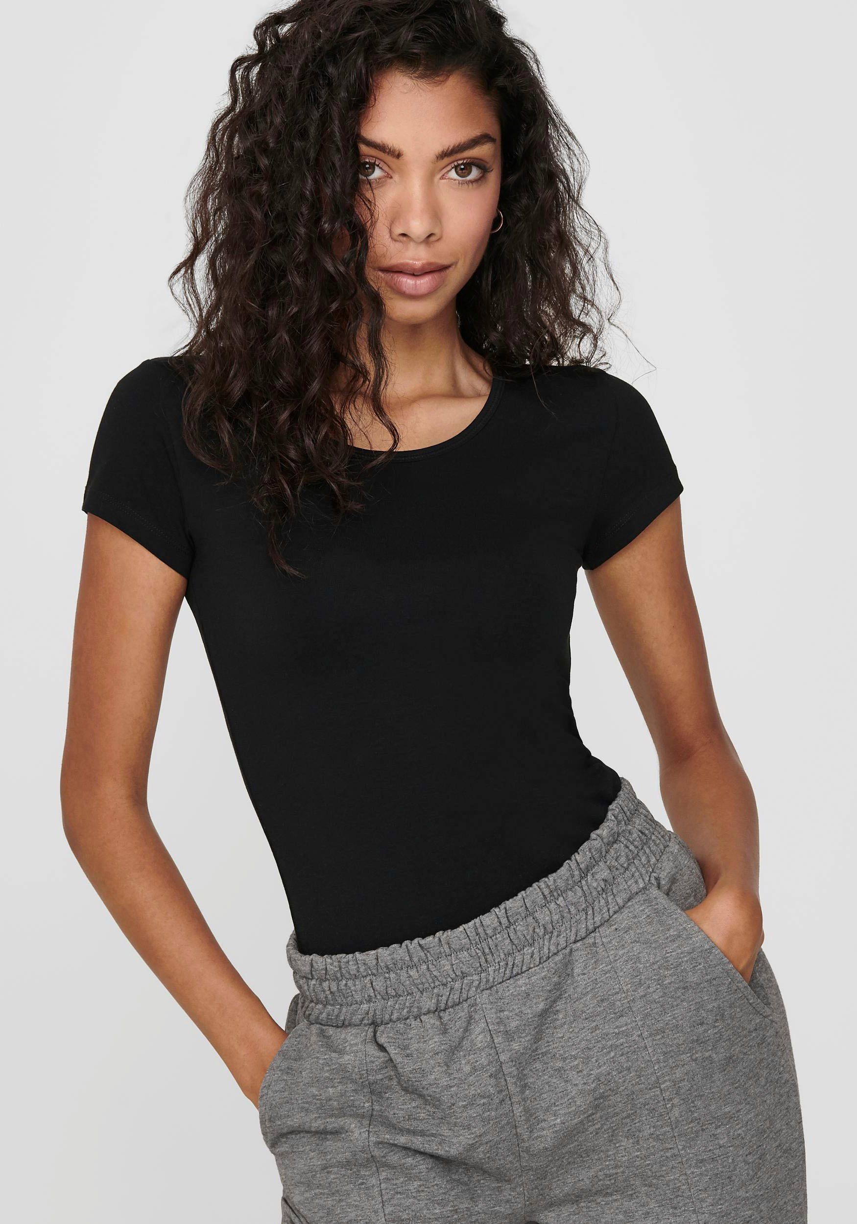 ONLY Rundhalsshirt ONLLIVE – Rundhalsshirt mit figurbetonter Silhouette sehr figurbetont, modisch, Baumwollmischung, Jersey, tiefer Rundhals