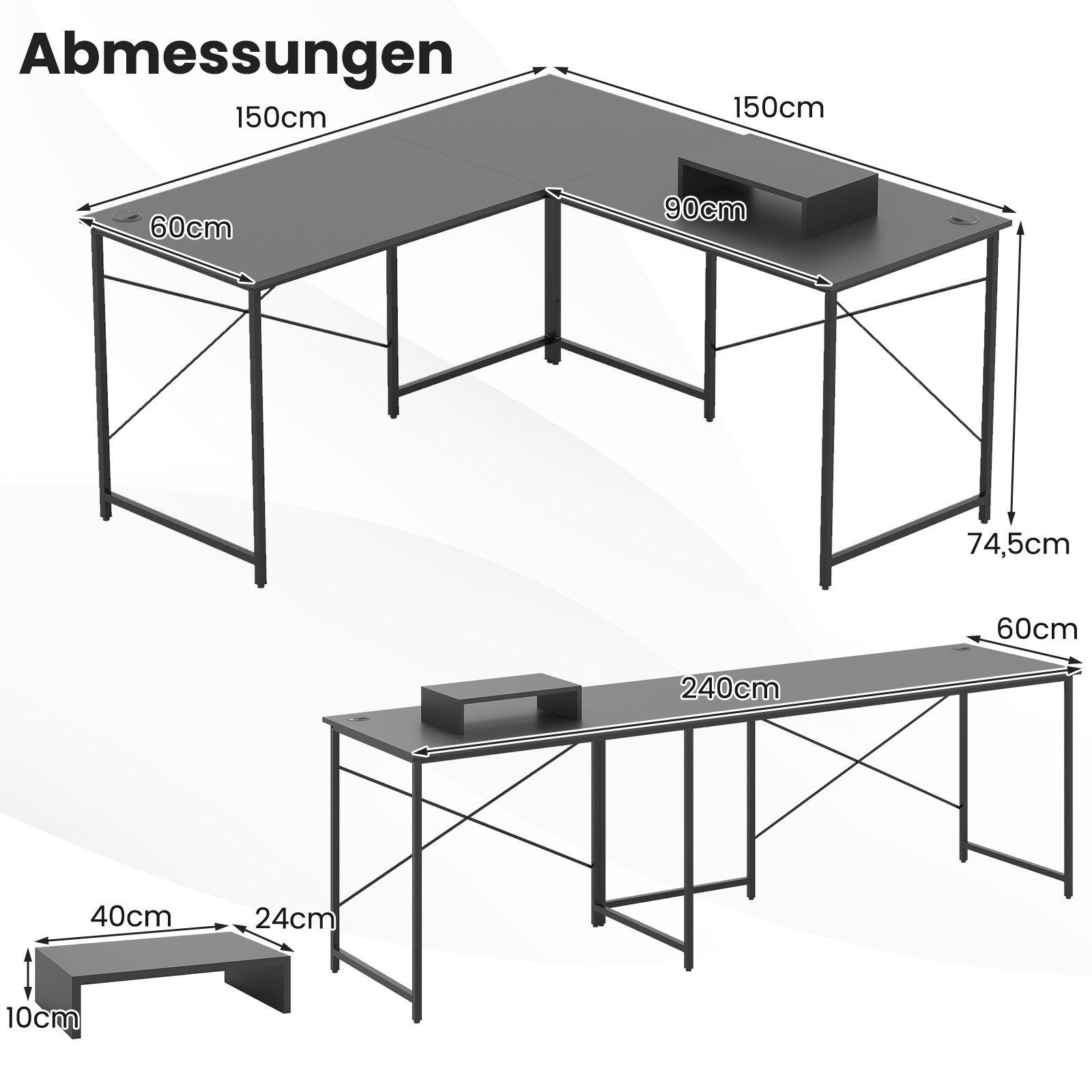 COSTWAY Eckschreibtisch, Reversibler Schreibtisch in L-Form mit Kabellöchern