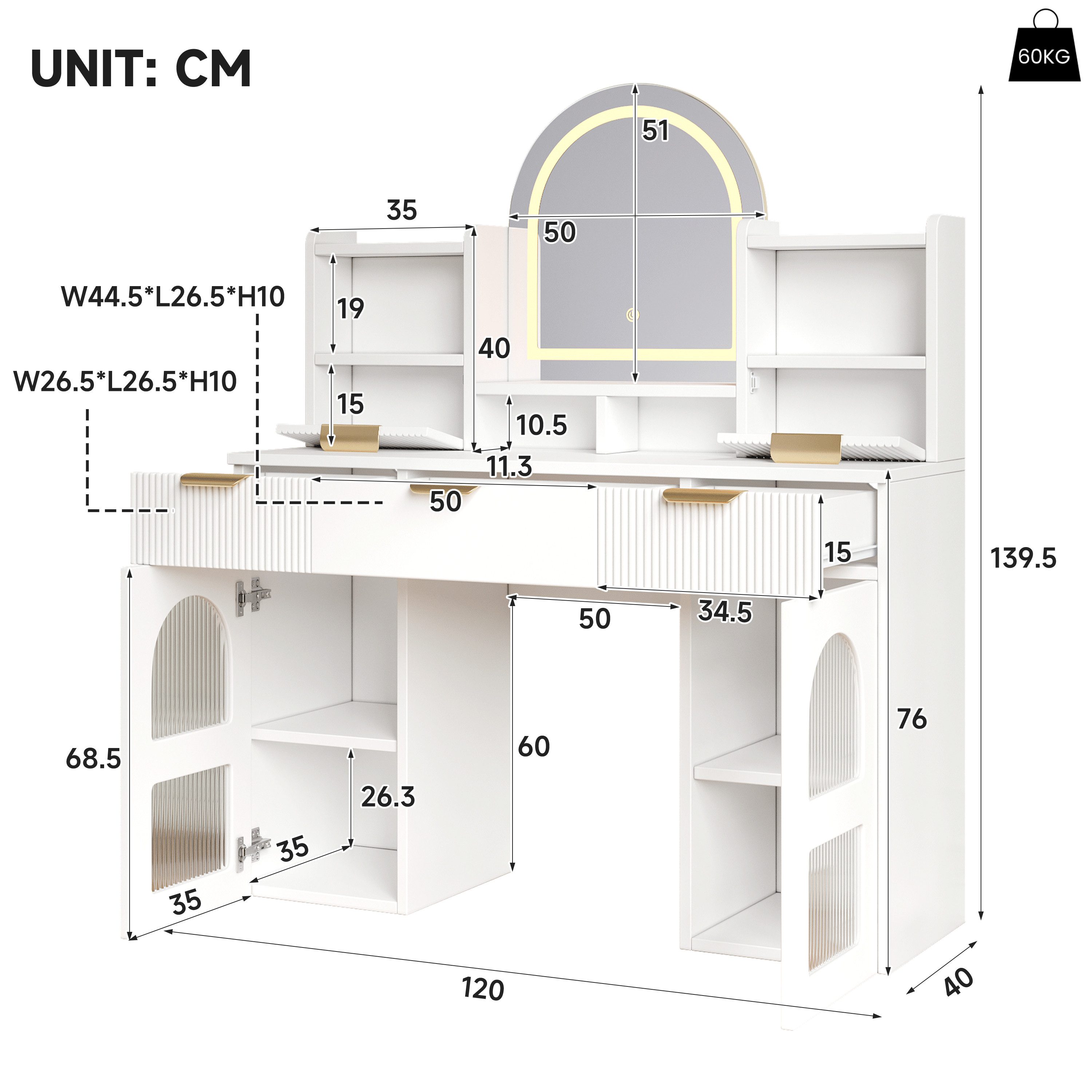 Celya Schminktisch Make-up-Tisch mit LED-Beleuchtung und Spiegel (ohne Hocker, mit 3 Schubladen und 2 Glastüren und Ablagen), fürs Schlafzimmer