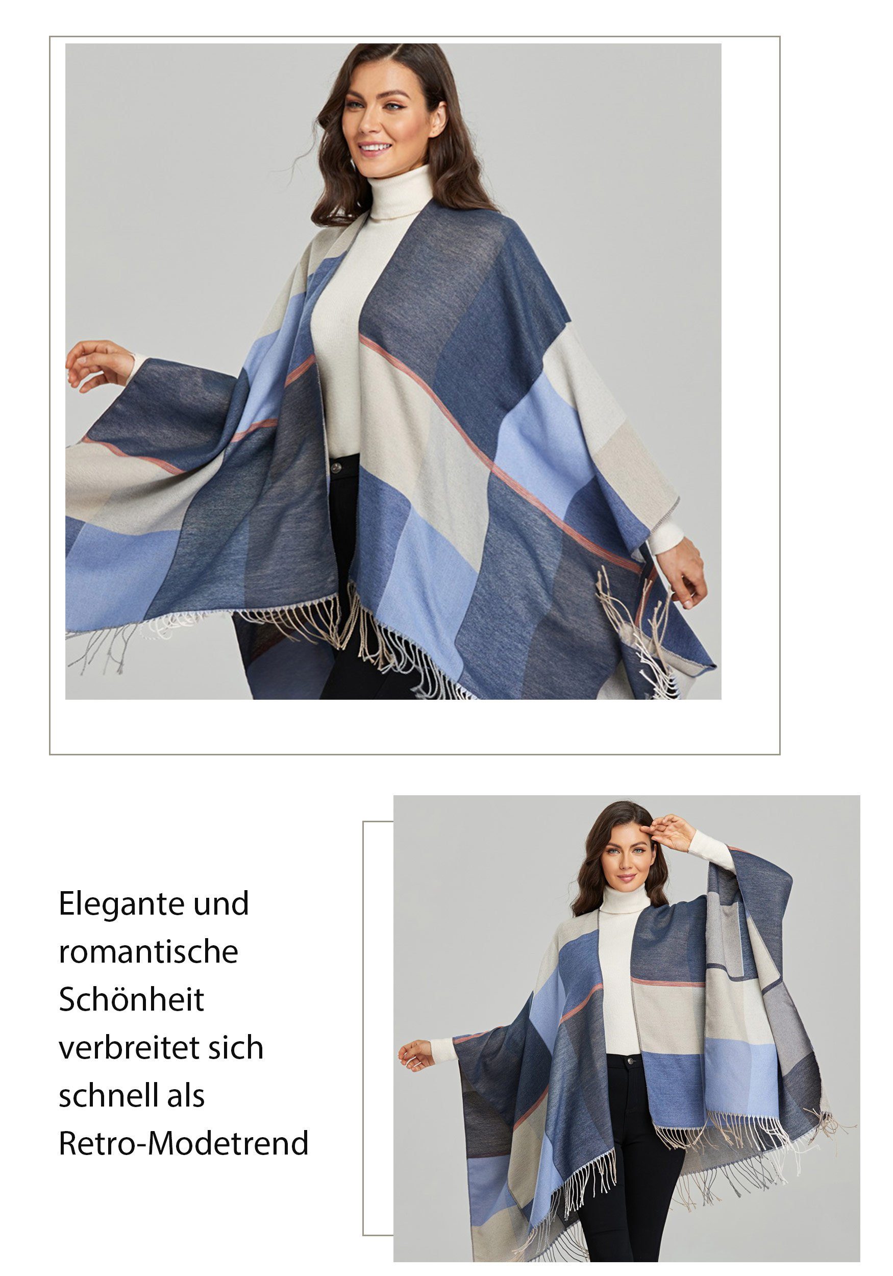 Mode MAGICSHE Blau Vintage hochwertig XXL-Schal Umhang, Fransen