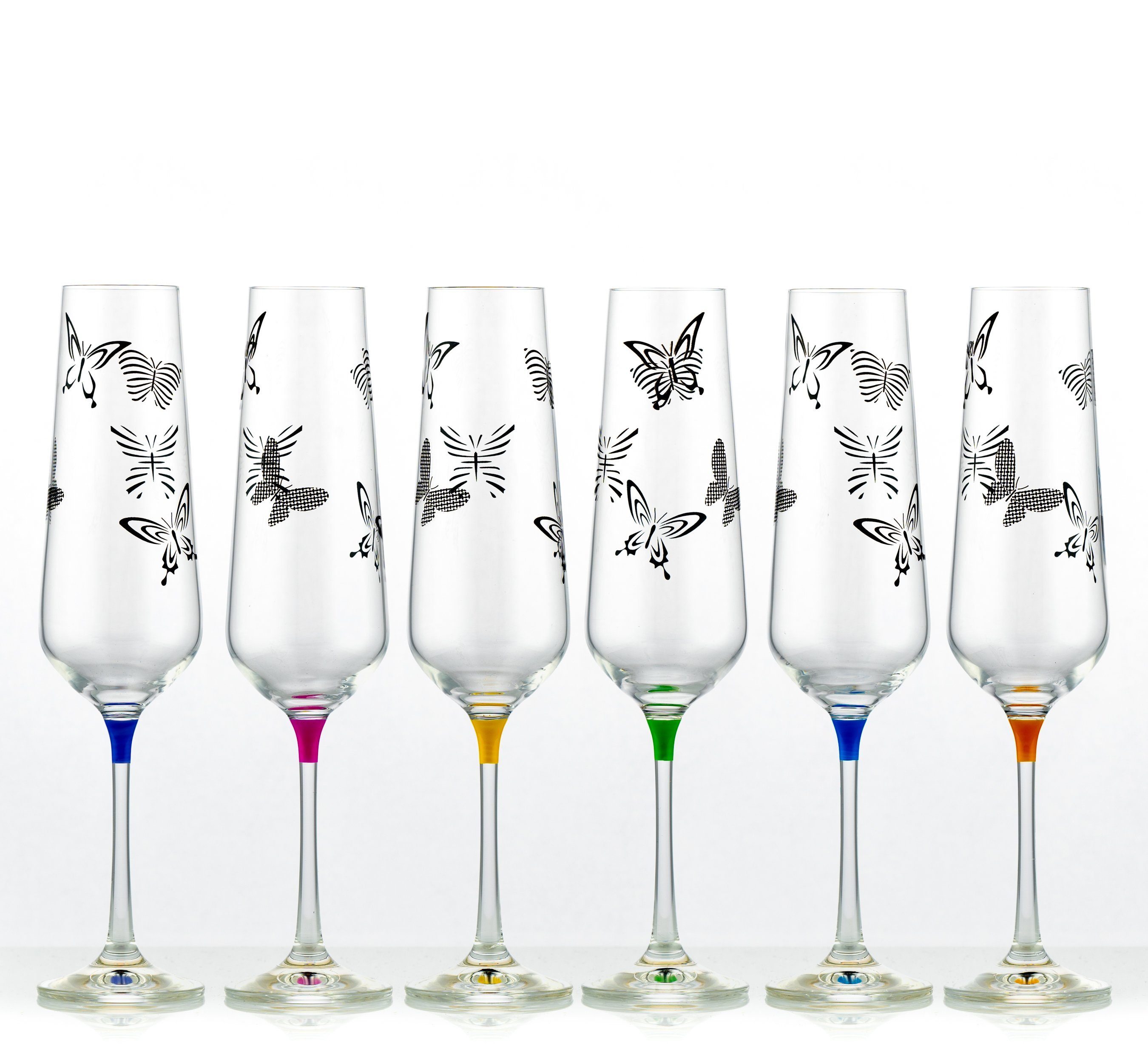 Crystalex Sektglas Butterfly Sektgläser 200 ml 6er Set, 6-tlg., Kristallglas, mehrfarbig, mit Schmetterling Motive