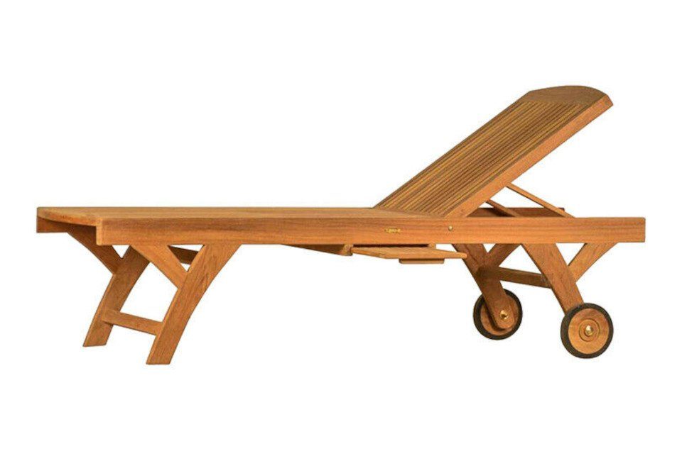 Kai Wiechmann Gartenliege Premium Teak Sonnenliege extra hoch als stilvolle Relaxliege, verstellbare Teak-Liege mit Rädern und Tablett
