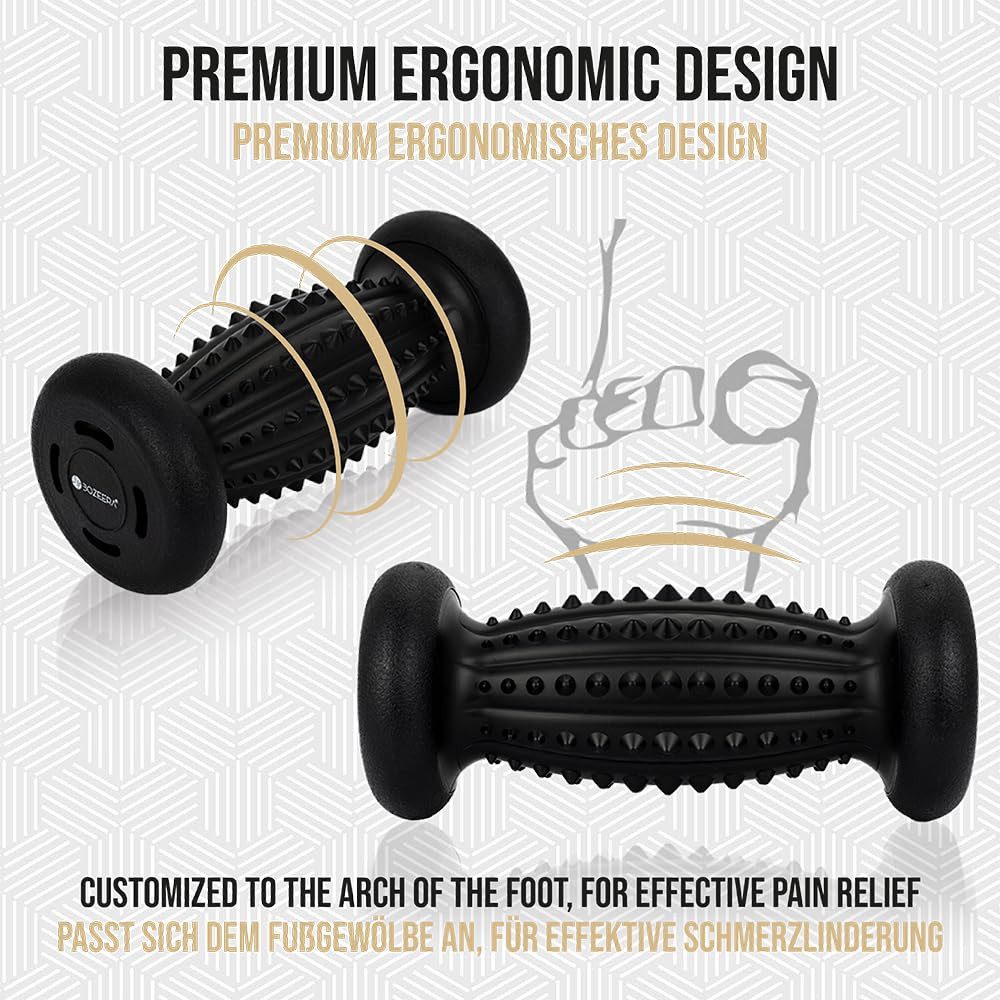 BOZEERA Massageball Fußmassage Set: 1x Roller, 2x Noppenball, 1x ovaler Stachelball, Fußroller & Igelbälle mittel, ovaler Stachelball hart, für Rücken Beine Füße, Inkl Video,Poster & Tasche