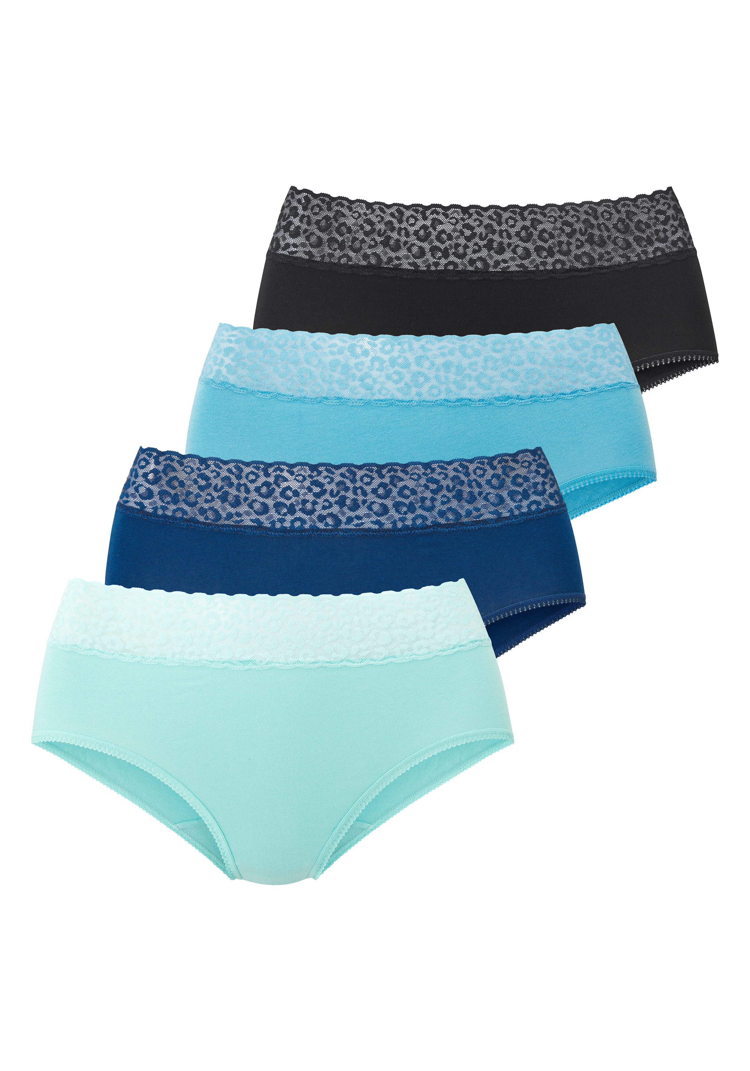 LASCANA Taillenslip (4er Pack) aus elastischer Baumwolle mit Leo-Spitze am Bund