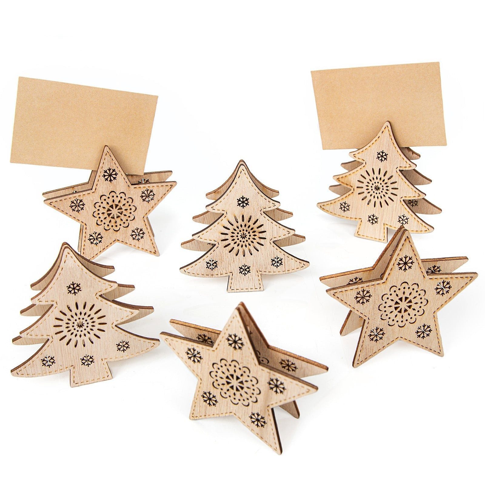Logbuch-Verlag Klappkarte 6 Tischkartenhalter Sterne + Bäume aus Holz Weihnachtsklammer 9 cm