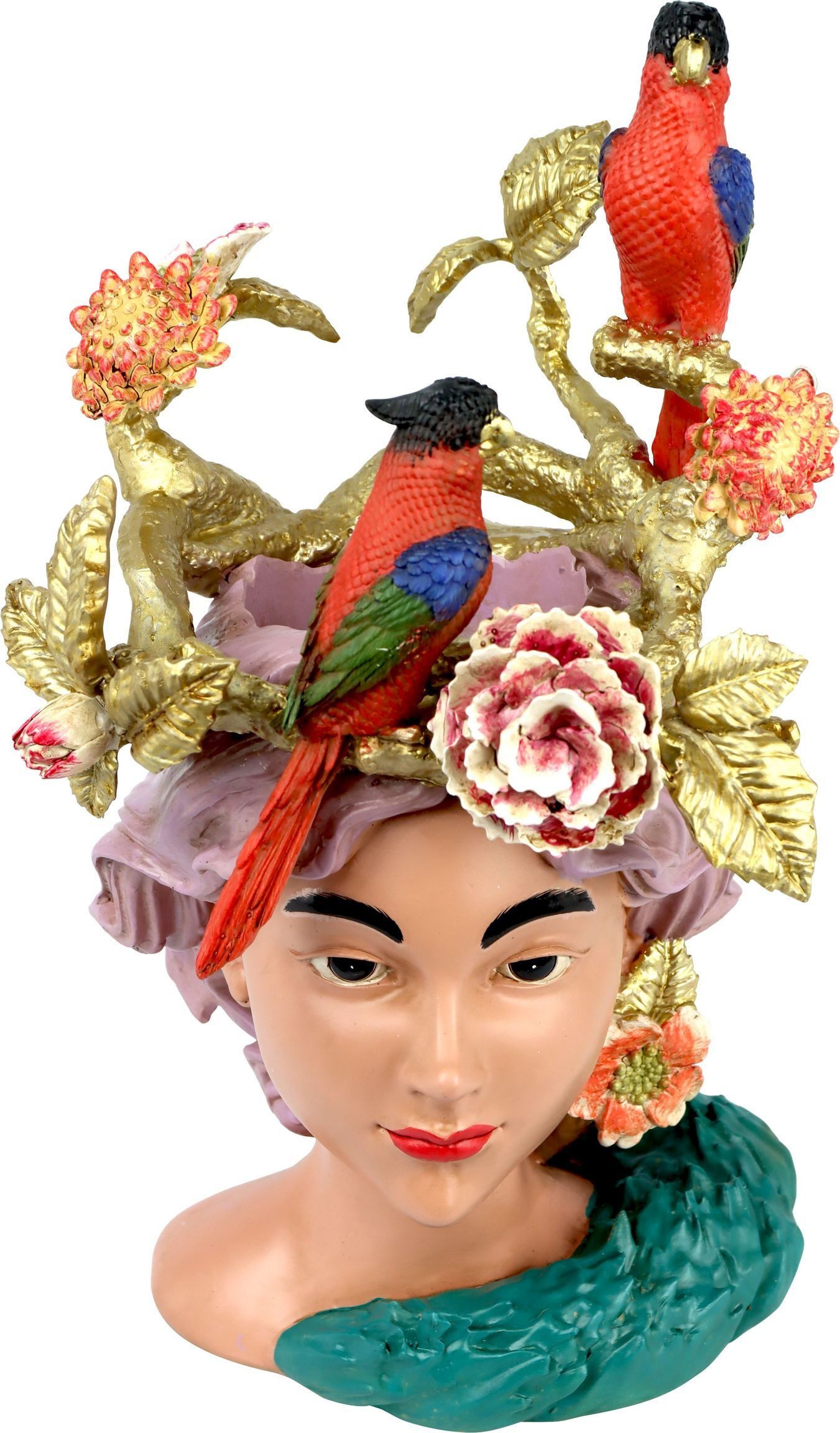 FURNARO Übertopf, in Frauenkopf-Optik mit exotischen Vögeln und Blumen 24x20x32cm