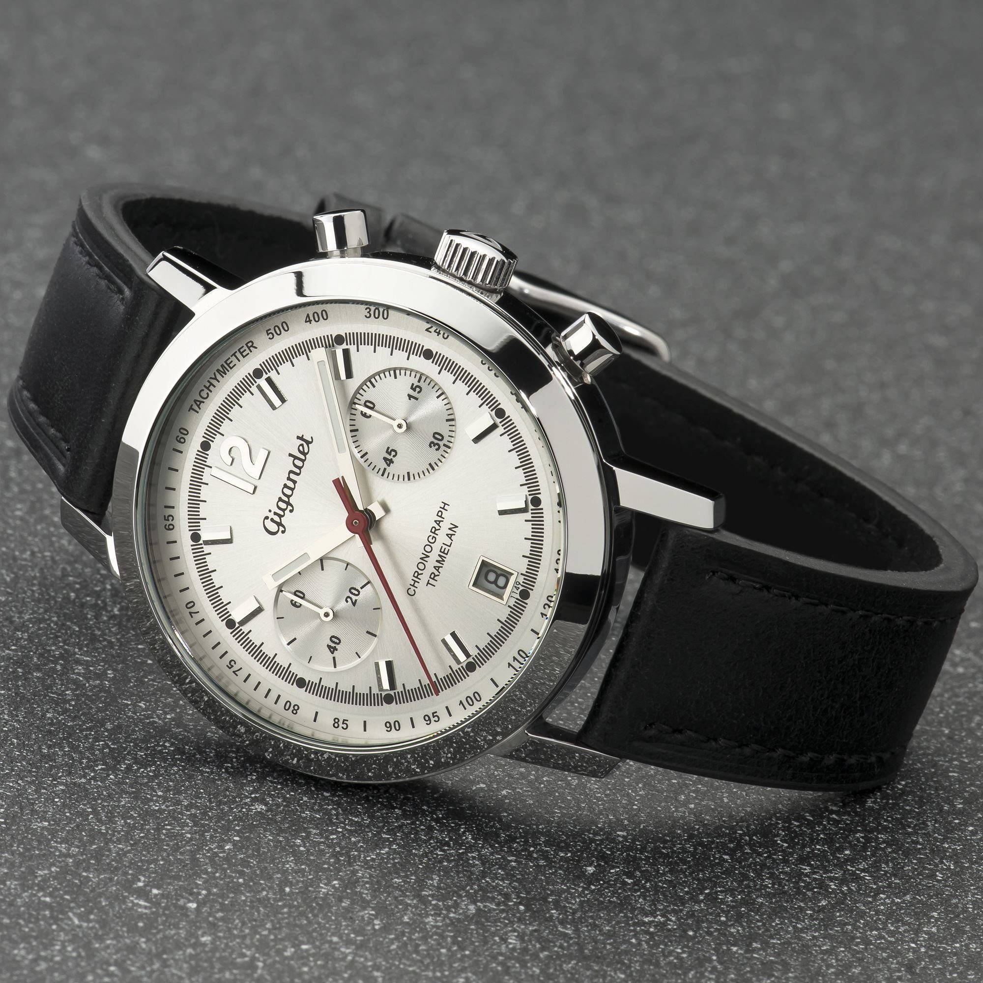 Gigandet Chronograph Armbanduhr, Herrenuhr, Sportuhr, 43mm, TRAMELAN G10-001, Mineralglas, Datumsanzeige, Lederband, 10bar/100m wasserdicht