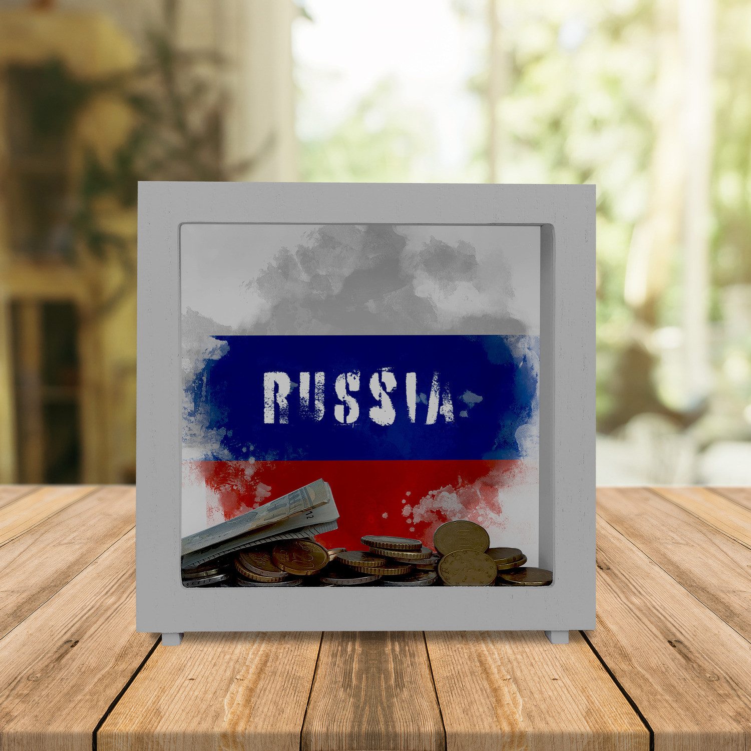 speecheese Spardose Rahmen Spardose aus Holz mit Russland Flagge im Used Look Sparschwein