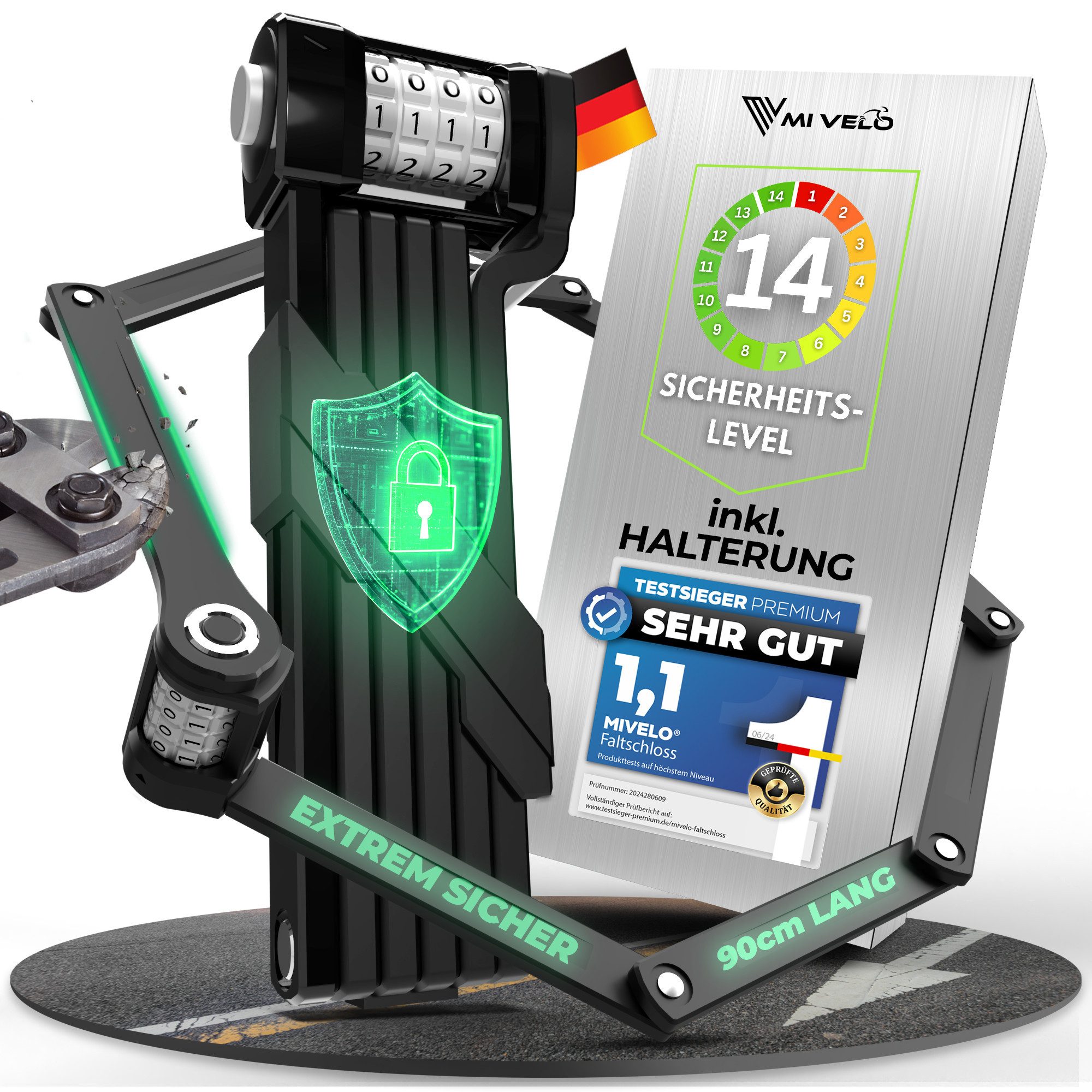 MIVELO Faltschloss MIVELO FAHHRADSCHLOSS extrem sicher mit Zahlencode, Sicherheitslevel 14