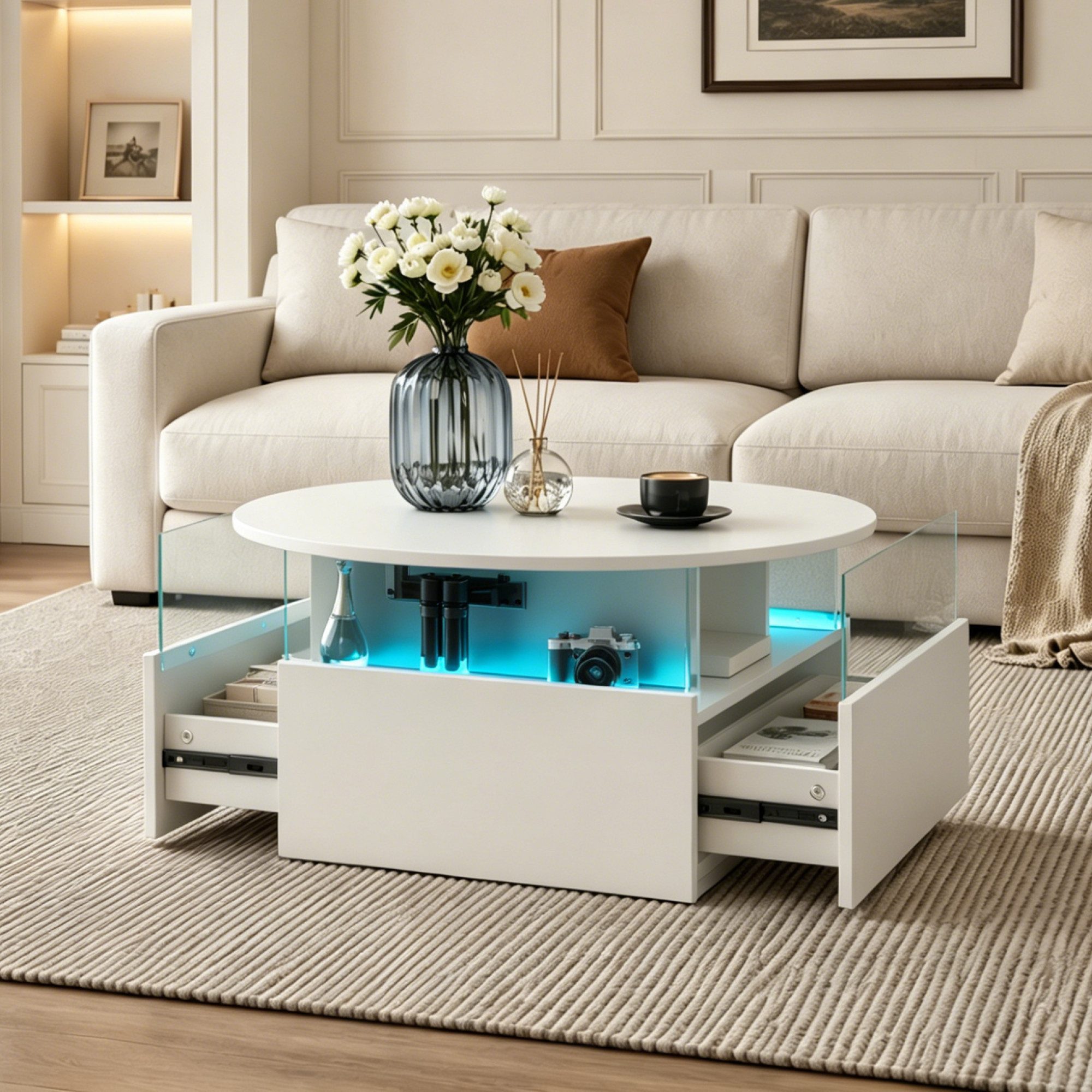 radelldar Couchtisch mit LED Beleuchtung, höhenverstellbarer Wohnzimmertisch, 78x78x40cm (1-St., 1 Tisch), höhenverstellbarer