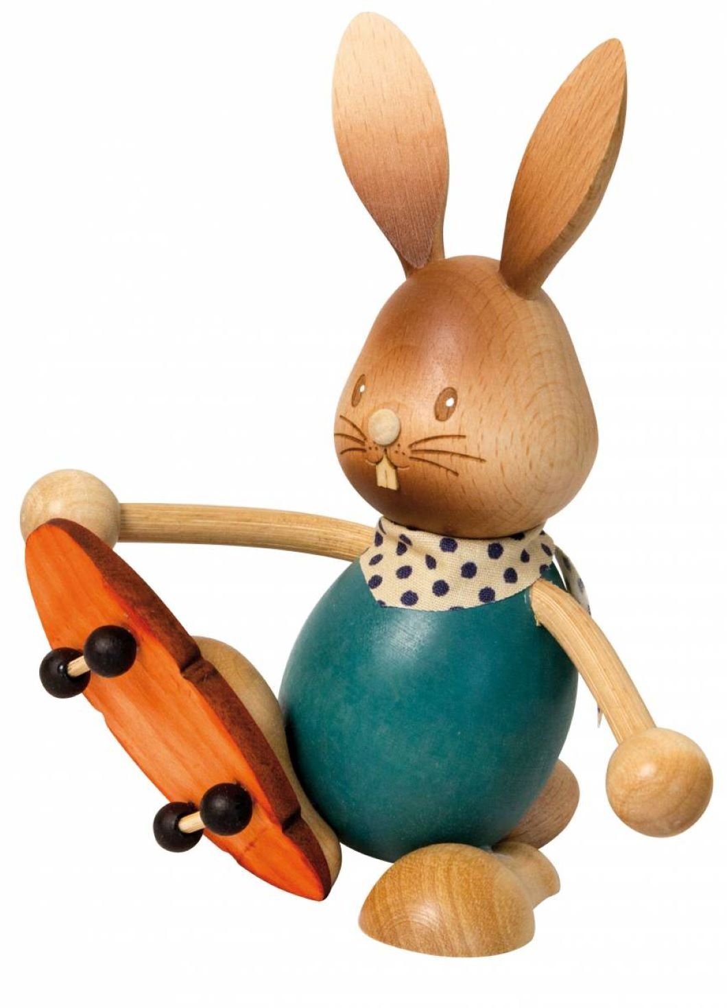 Kuhnert Dekofigur Kuhnert Osterhase Stupsi mit Skateboard, Handarbeit aus dem Erzgebirge