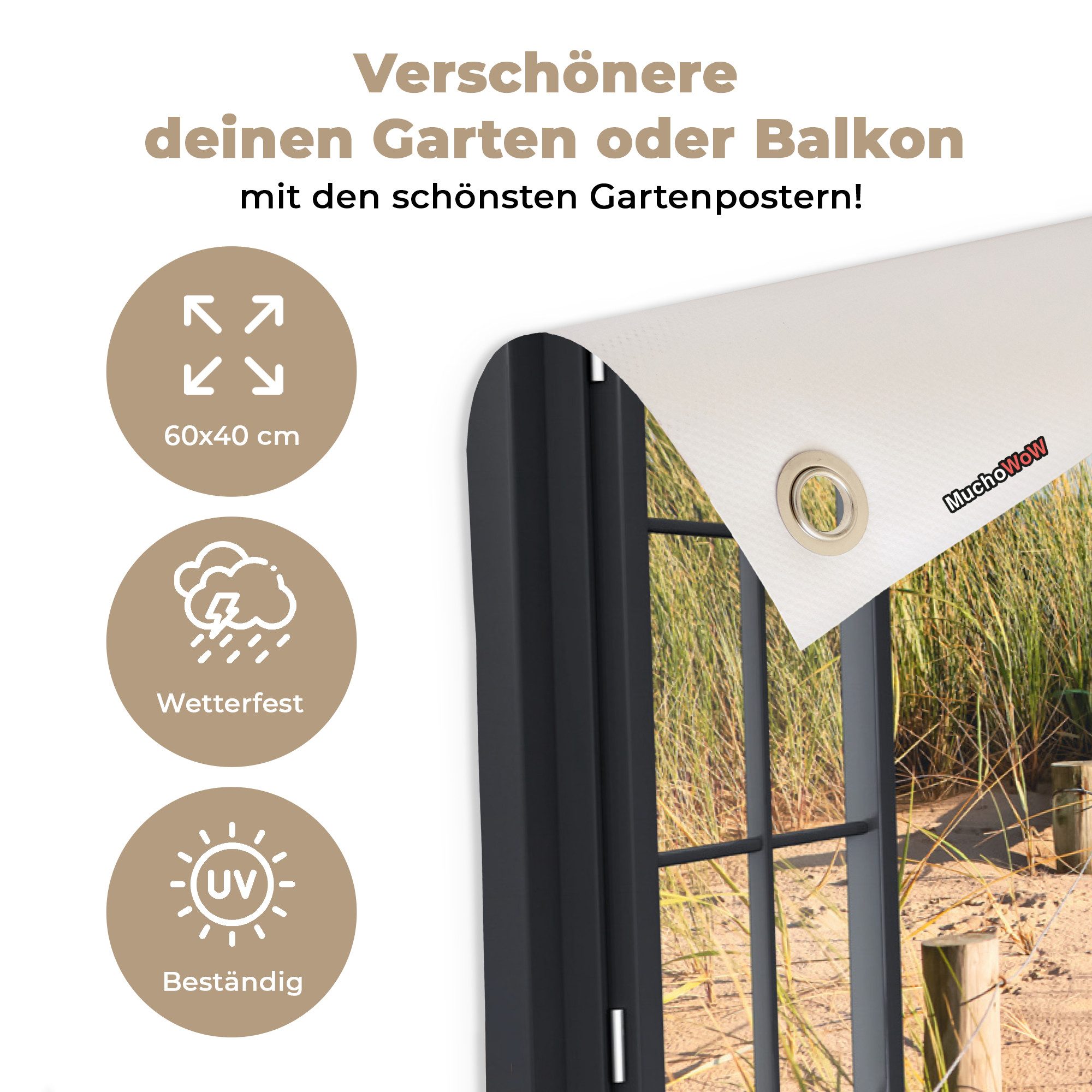 OnlyWow Poster für Garten Durchblick - Strand - Meer - Sand - Wasser - Strandhafer -, Gartenposter, Outdoor Bilder, Gartendekoration Bild, 60x40 cm