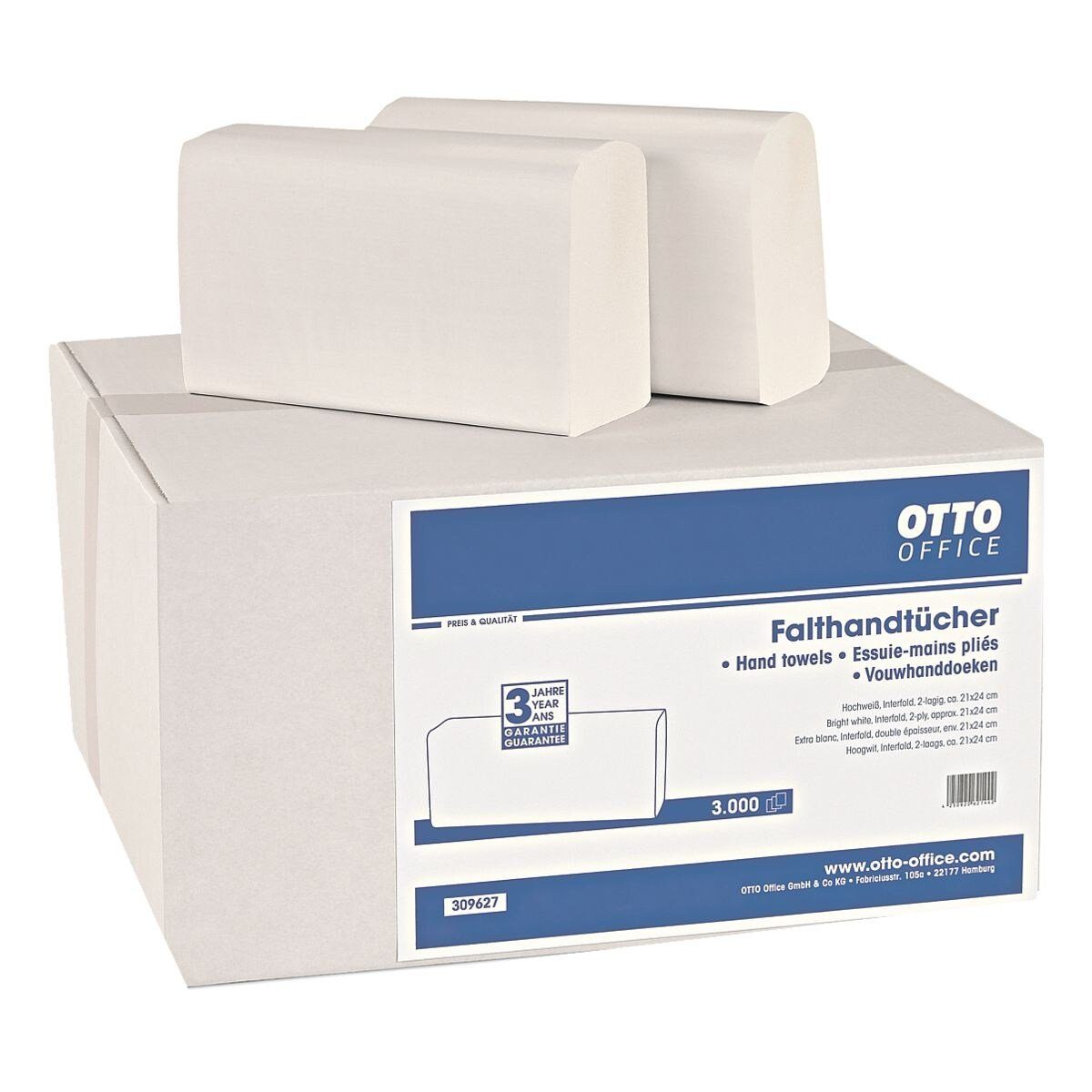 Otto Office Papierhandtuch, 2-lagig, Zellstoff, I-Falzung, hochweiß, 21x24 cm, 3000 Blatt