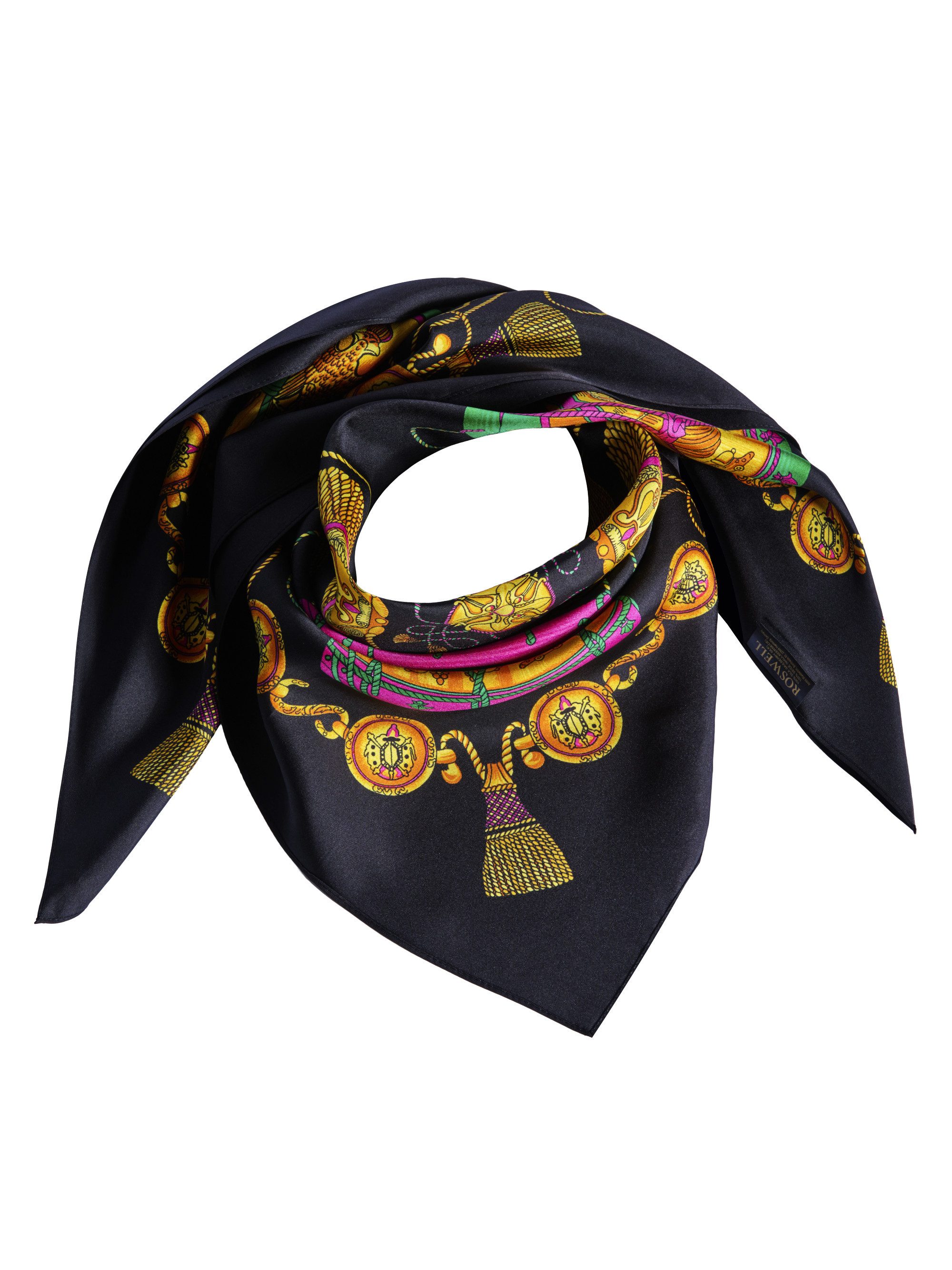 ROSWELL Seidentuch Halstuch Seidenschal Damen Herren Schwarz Twill doppelseitig 90x90, Kollektion Aurelio Noir inkl. edler Geschenkbox und Satin-Säckchen