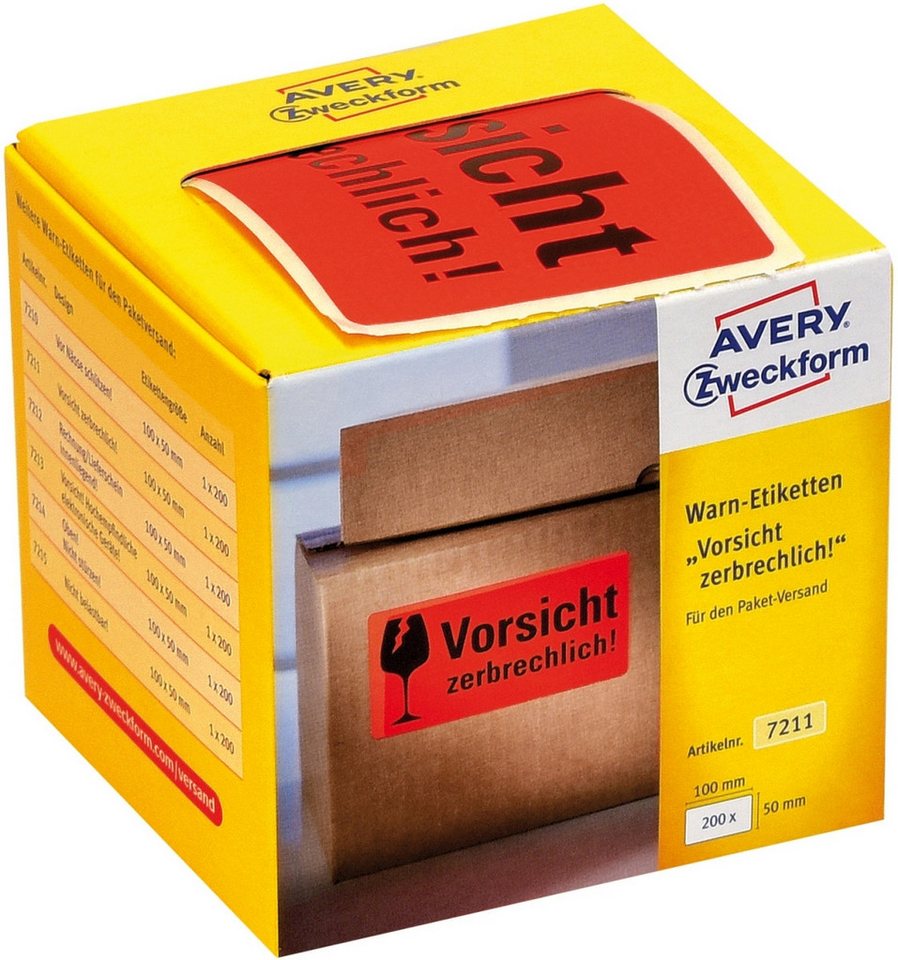 Thumbnail - Avery Zweckform Etiketten Warnetiketten Vorsicht zerbrechlich! 100x50mm neon rot VE=200 Stück.