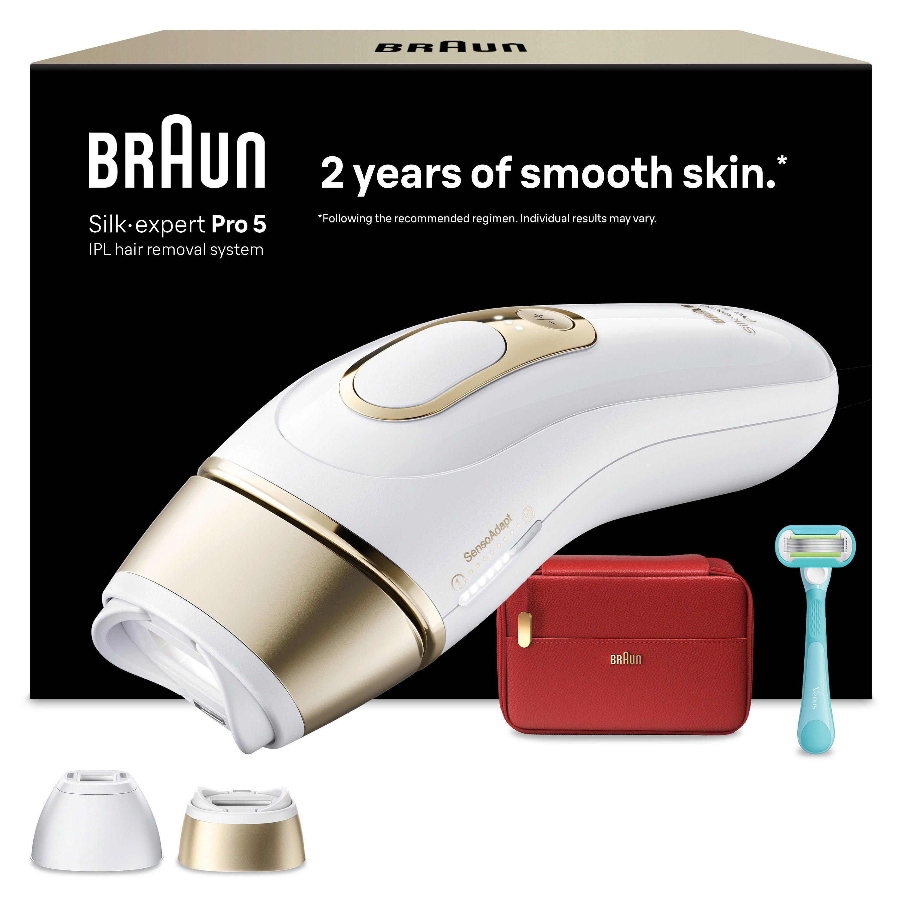 Braun IPL-Haarentferner Silk-expert Pro 5 PL5221, 400.000 Lichtimpulse, Dauerhafte Haarreduktion, mit Tasche, Venus-Rasierer, 2 Aufsätze