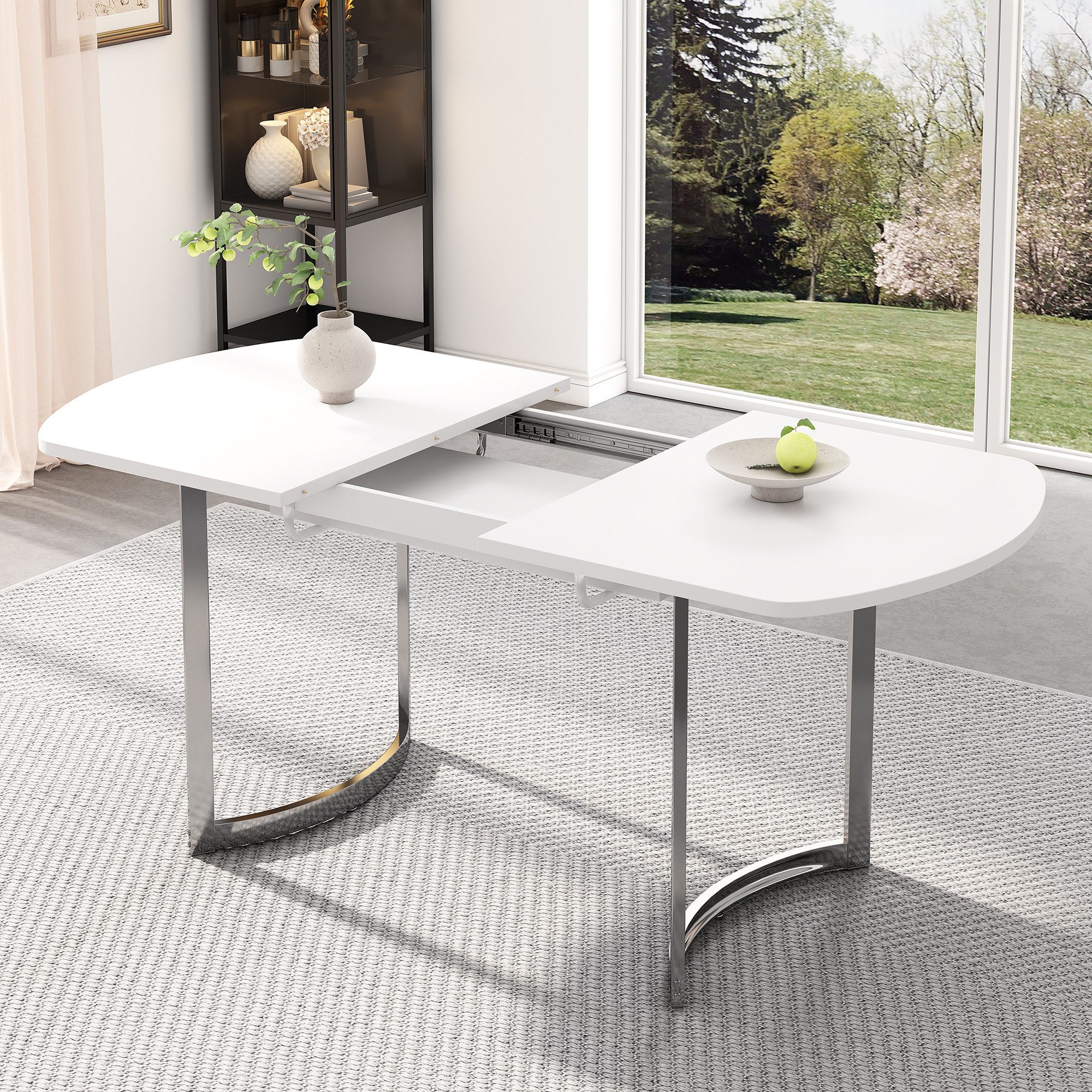 KLAM HOME Esstisch Ausziehbarer Esstisch 140/180 x 80 cm, ausziehbare Länge 180 cm (versilberte Metallbeine, moderner Stil, hochfeste Legierungshalterung), geeignet für 4–6 Personen, weiße + versilberte Tischbeine