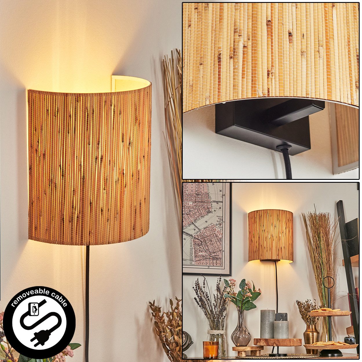 hofstein Wandleuchte Wandlampe aus Metall/Bambus in Schwarz/Natur, ohne Leuchtmittel, Wandleuchte m. Stecker/Schalter, Kabel, UP & Down Lichteffekt, 1 x E27