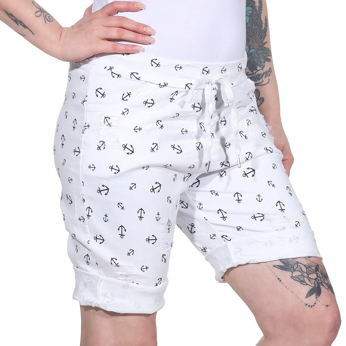 Aurela Damenmode Chinoshorts Kurze Damen Hose Sommer Chino maritime Bermuda moderne Knitteroptik, Vintage, mit Gummibung & Kordelzug