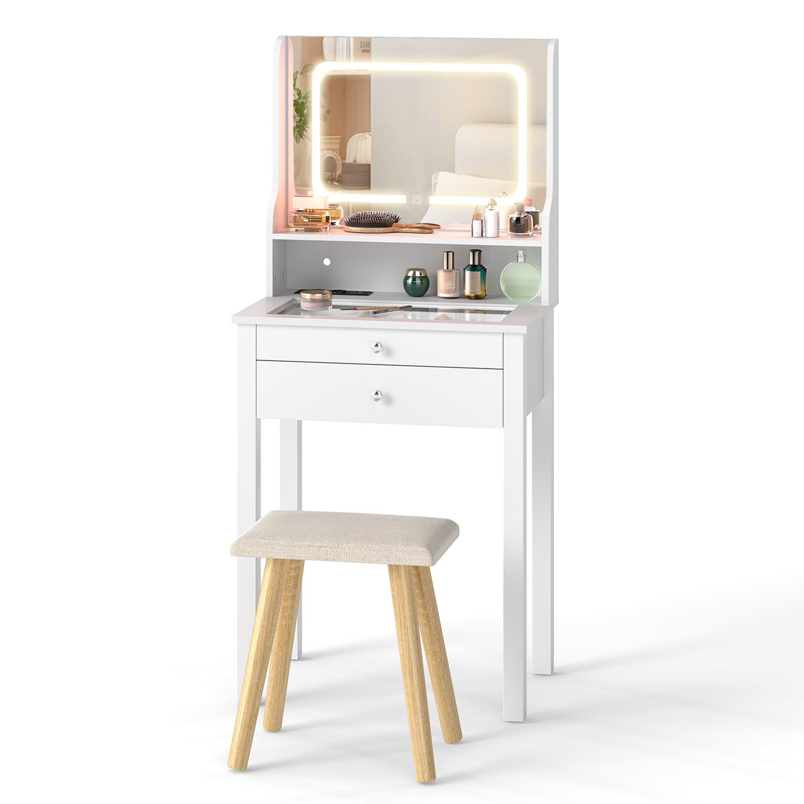 COSTWAY Schminktisch, Kosmetiktisch mit LED Beleuchtung und Hocker
