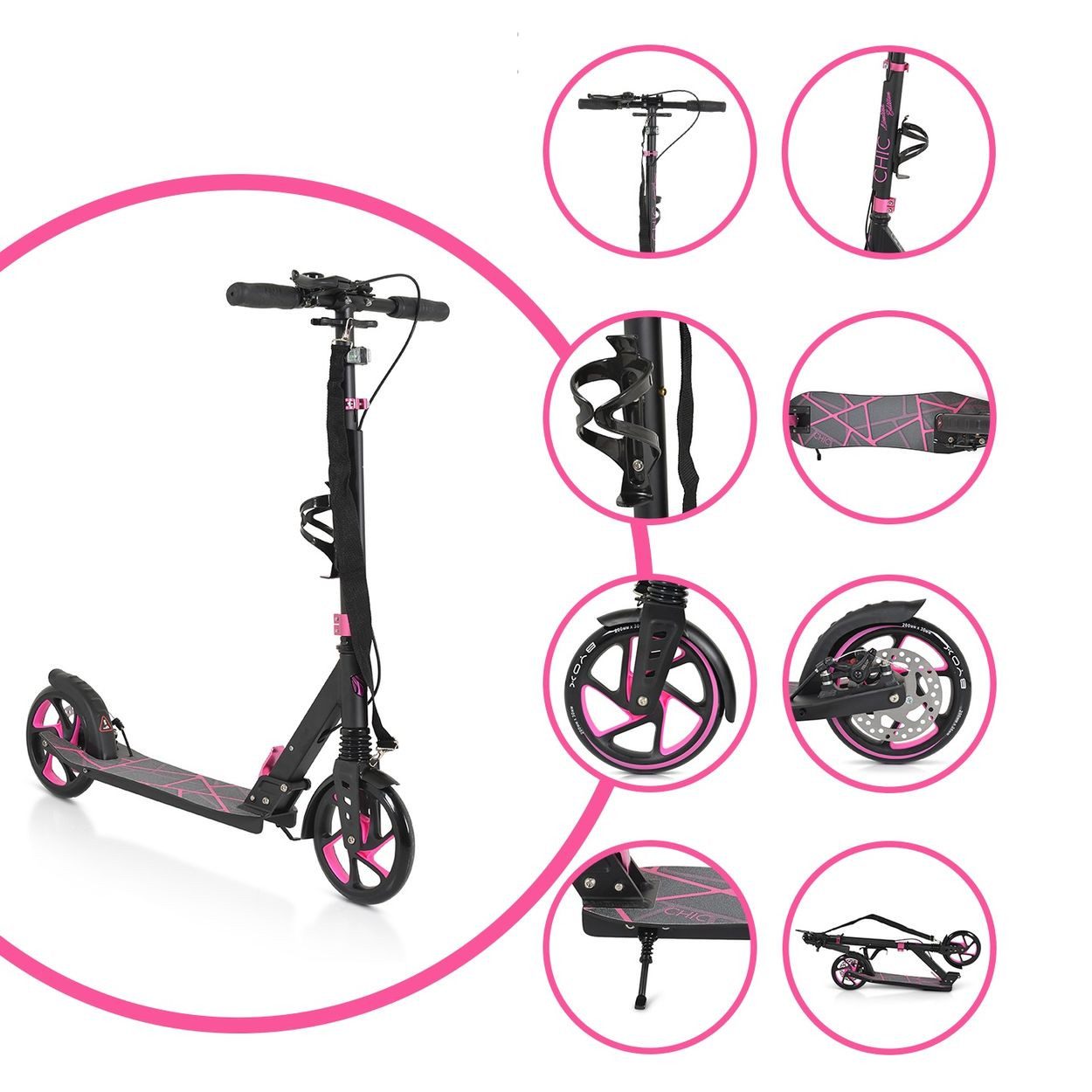 Byox Cityroller Chic, PU-Räder, ABEC-7, LED-Licht, Seitenständer, faltbar, höhenverstellbar