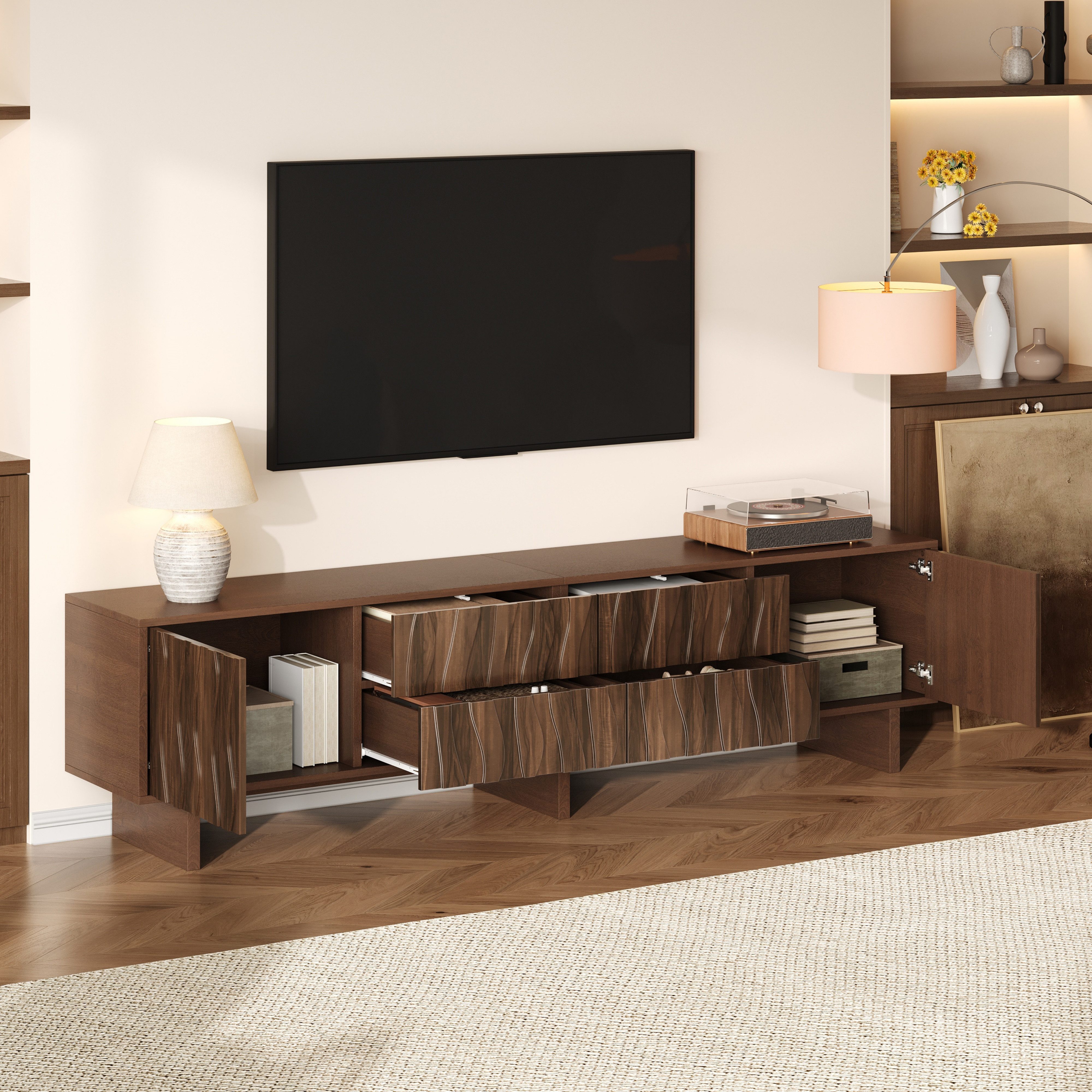 Odikalo TV-Schrank Lowboard mit 4 Schubladen und 2 Schranktüren, Wellenförmigen Design (Wohnzimmerschrank, Fernsehschrank, geeignet für Fernseher bis zu 75 Zoll)