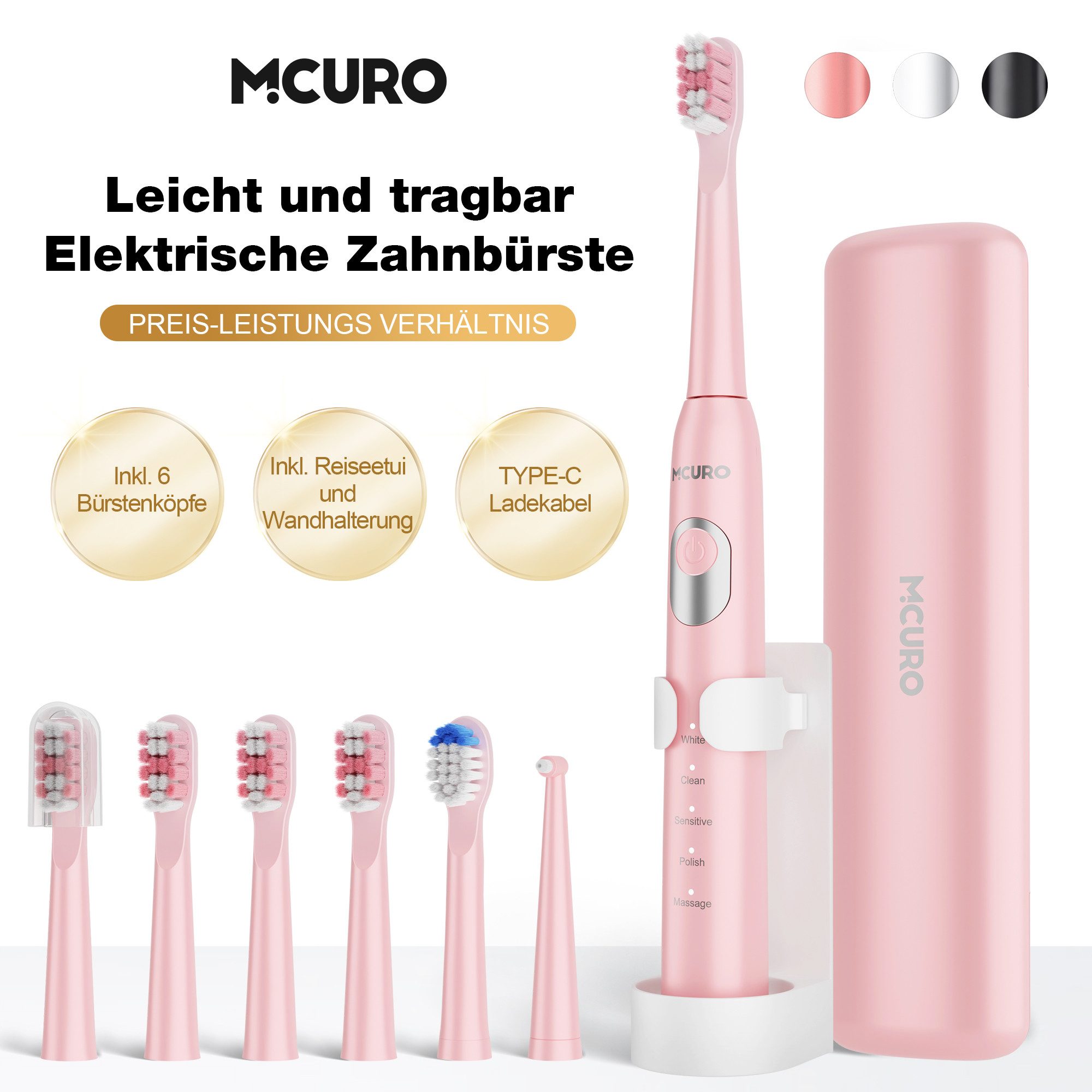 MCURO Schallzahnbürste Schallzahnbürste für Zahnpflege 40000 VPM, 5 Putzmodi, Aufsteckbürsten: 6 St., Reise Zahnbürsten,Timer,TYPE-C aufladbar