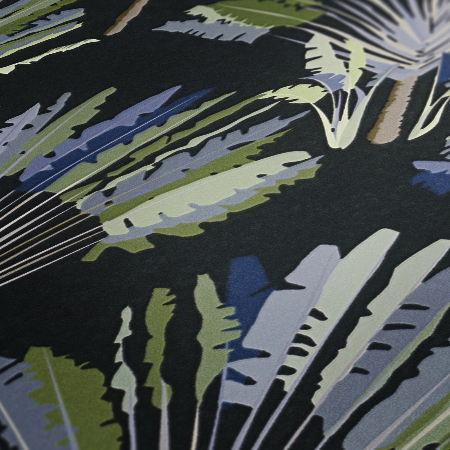 glatt, Palmentapete grün/schwarz/blau Architects Paper Federn tropisch, Création Vliestapete botanisch, floral, Tapete A.S. Jungle Dschungel Chic,