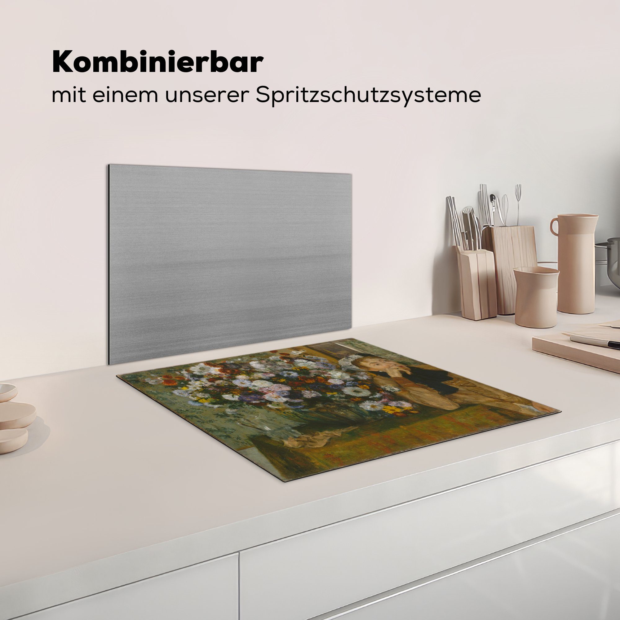 - Herdblende-/Abdeckplatte nutzbar, Frau cm, Arbeitsfläche von Ceranfeldabdeckung Edgar, Mobile mit Vase (1 neben 60x52 Chrysanthemen Vinyl, Gemälde einer Sitzende tlg), MuchoWow