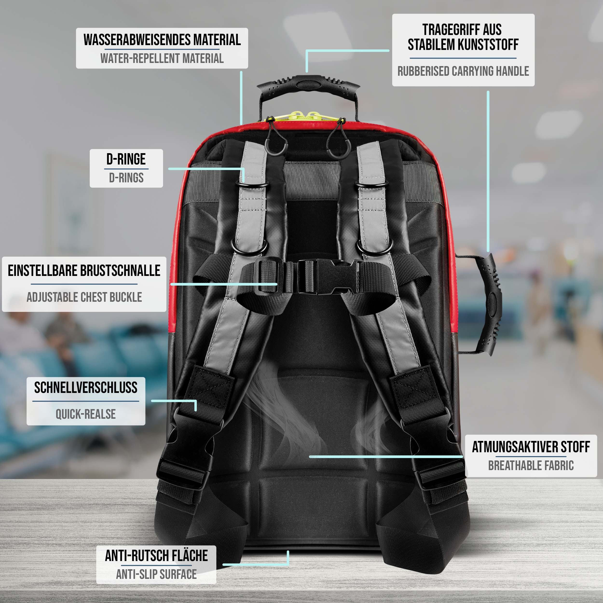 pulox Erste-Hilfe-Set Erste Hilfe Rucksack - Großer Notfallrucksack in Rot aus Plane