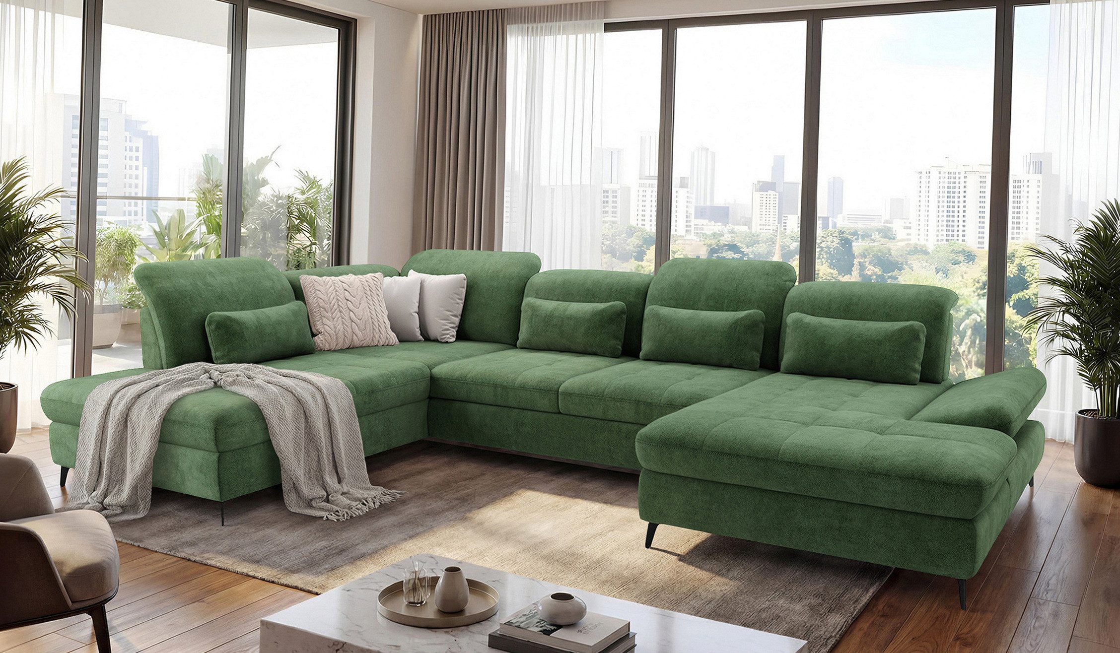Hygger Möbelhaus Wohnlandschaft Nola XXL U-Form mit Verstellung, Schlaffunktion & 2 Bettkästen, B × T₁/T₂: 370 × 170 / 230 cm, versandkostenfrei innerhalb Deutschlands, hergestellt in Europa