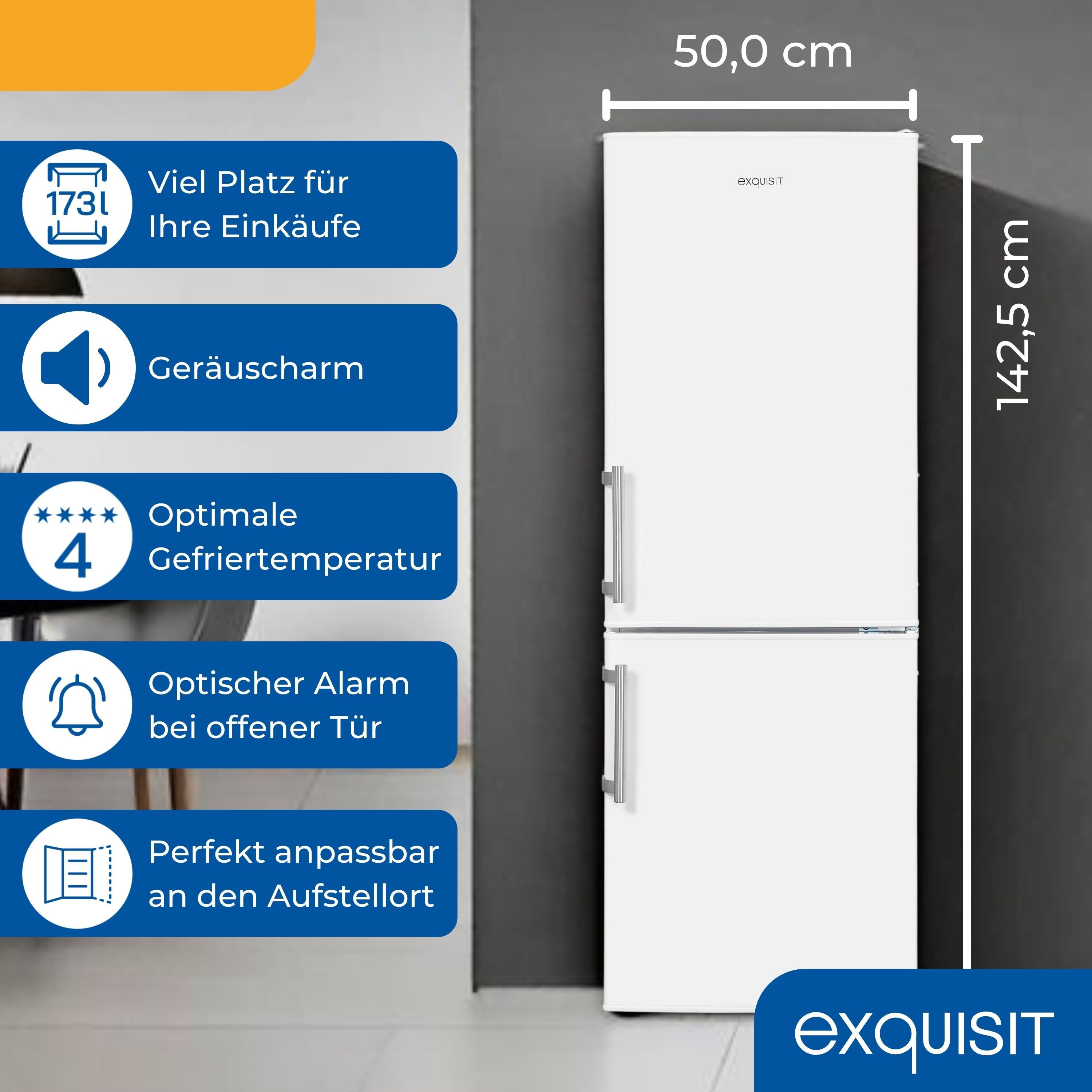 exquisit Kühl-/Gefrierkombination KGC5233-60-HE-040D, 142.5 cm hoch, 50 cm breit, 173 Liter, Alarm-Funktion, 4-Sterne-Gefrierfach, 3 Glasablagen