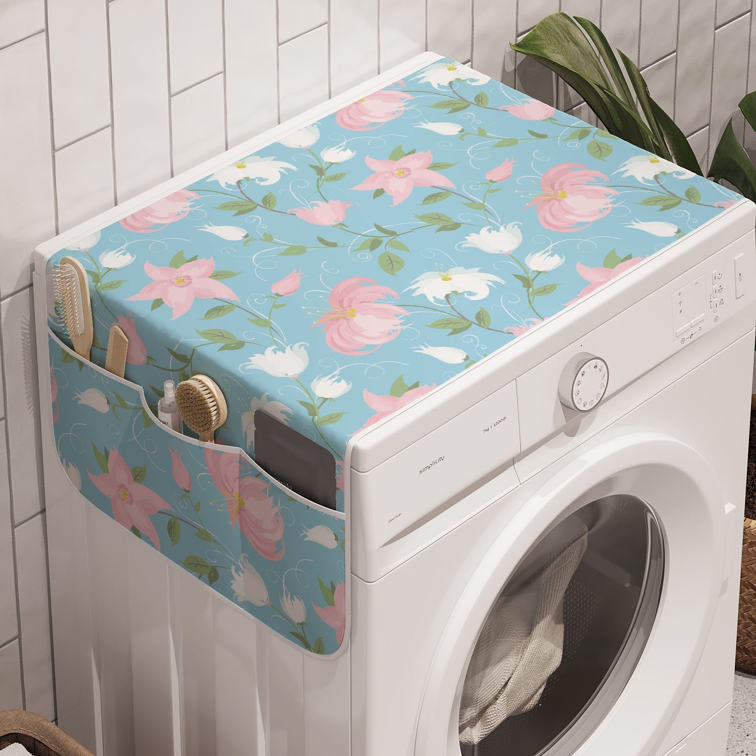 Abakuhaus Badorganizer Anti-Rutsch-Stoffabdeckung für Waschmaschine und Trockner, Botanisch Rosa und weiße Blumen