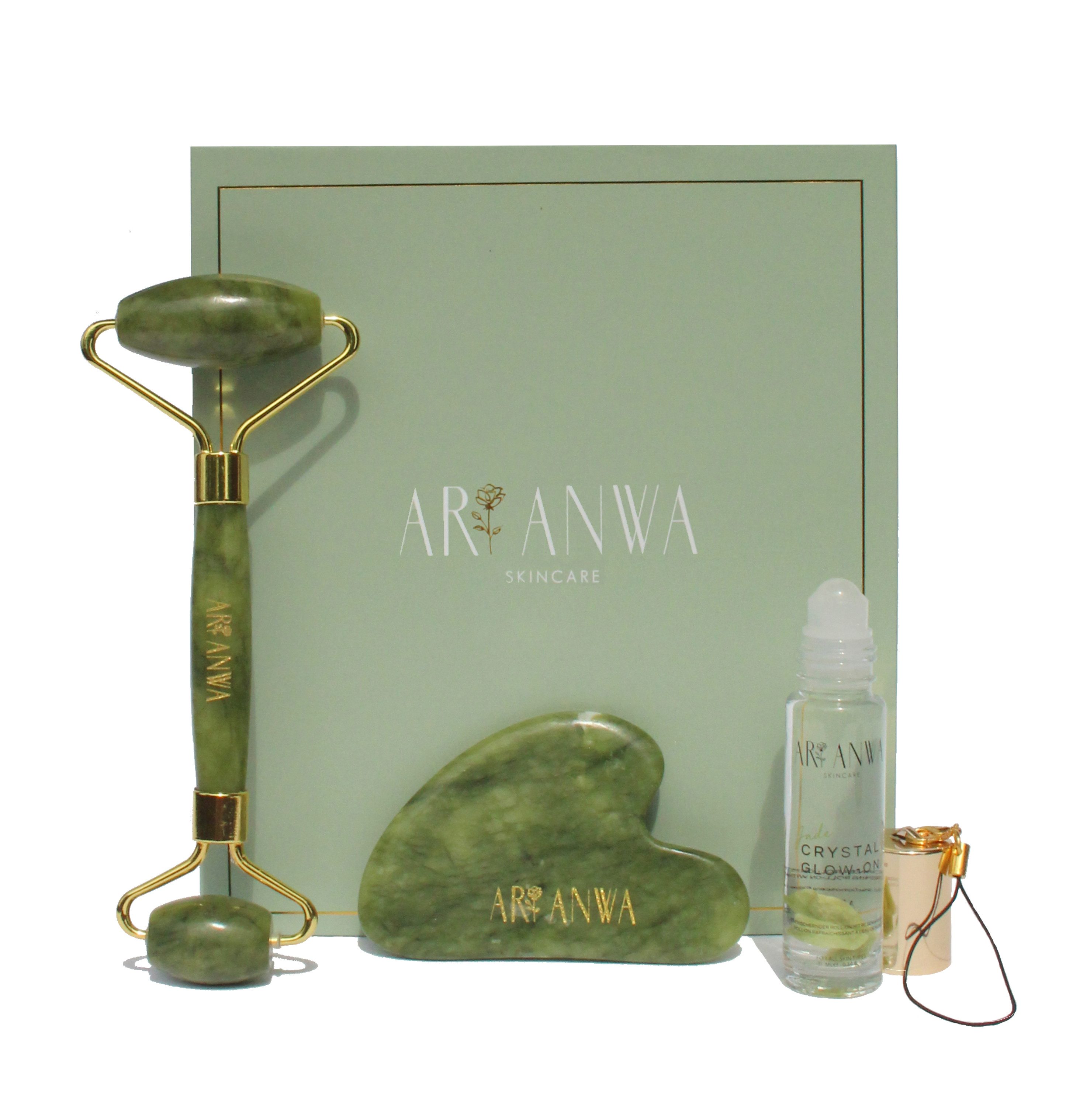 Wellness-Pflegeset The Glow Kit Jade I Jade Roller + Gua Sha + Roll On mit Rosenwasser«