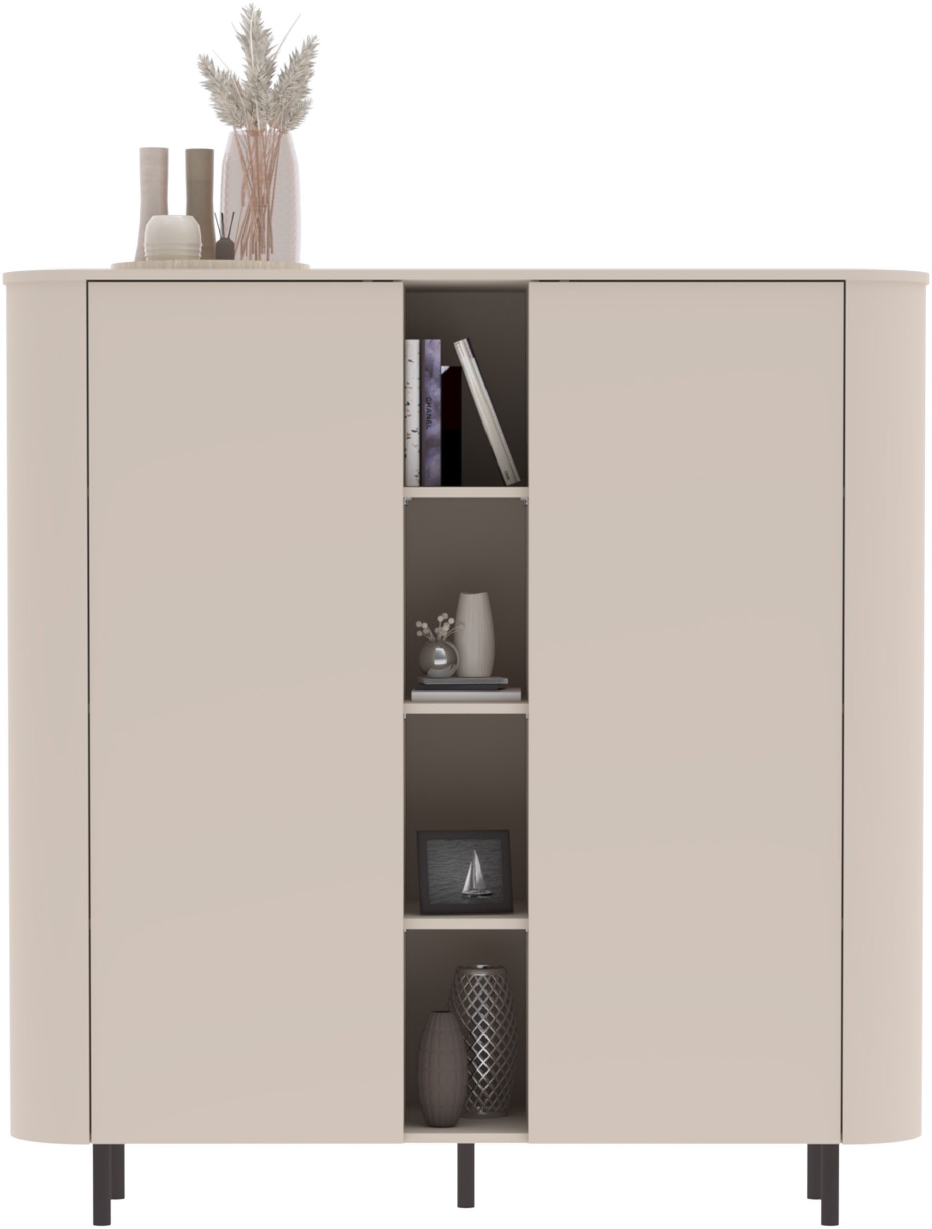INOSIGN Highboard Lido, B/H 150/154 cm, 2 Türen, 4 offene Fächer, Stauraumschrank, Formgebogenes MDF, Stirnseiten mit Rundung, Push-to-open, Metallfüße