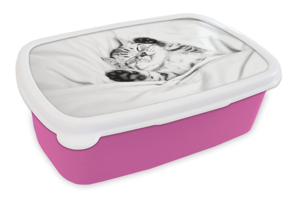 Kätzchen rosa Bett - Brotdose - - Mädchen, Pfoten - Erwachsene, - Kind, - MuchoWow Kunststoff Mädchen Kinder, für Lunchbox (2-tlg), Brotbox Kinder Kunststoff, Kinder Snackbox,