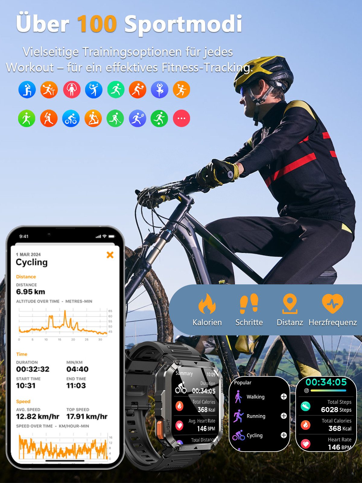 blackview Militär-Smartwatch Herren mit 900mAh Akku/LED-Taschenlampe/Kompass/SOS Smartwatch (2.01 Zoll, iOS/Android), 2-tlg., 3 x Riemen / 2 x Riemen und Ladekabel, Herzfrequenz,SpO₂& Schlafüberwachung,100+ Sportmodi,Schrittzähler,IP68