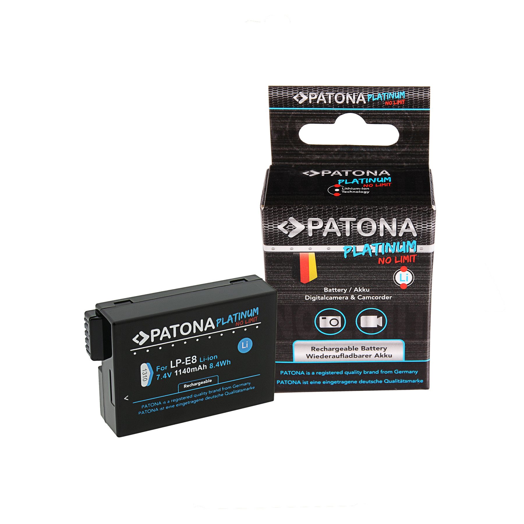 Patona Akku für Canon EOS 550D Kamera-Akku Ersatzakku Kamerakku 1300 mAh (7,4 V, 1 St), 600D 650D 700D LPE8 LP-E8 LP-E8+