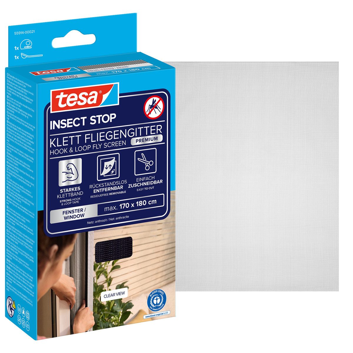 tesa Fliegengitter-Gewebe Premium für Fenster, Insektenschutz mit Klettband - 170x180 cm, (Packung, 1-St., Fliegennetz, Klettband, Andrück und Schneidehilfe), mit starkem Klettband, rückstandsfrei entfernbar, zuschneidbar