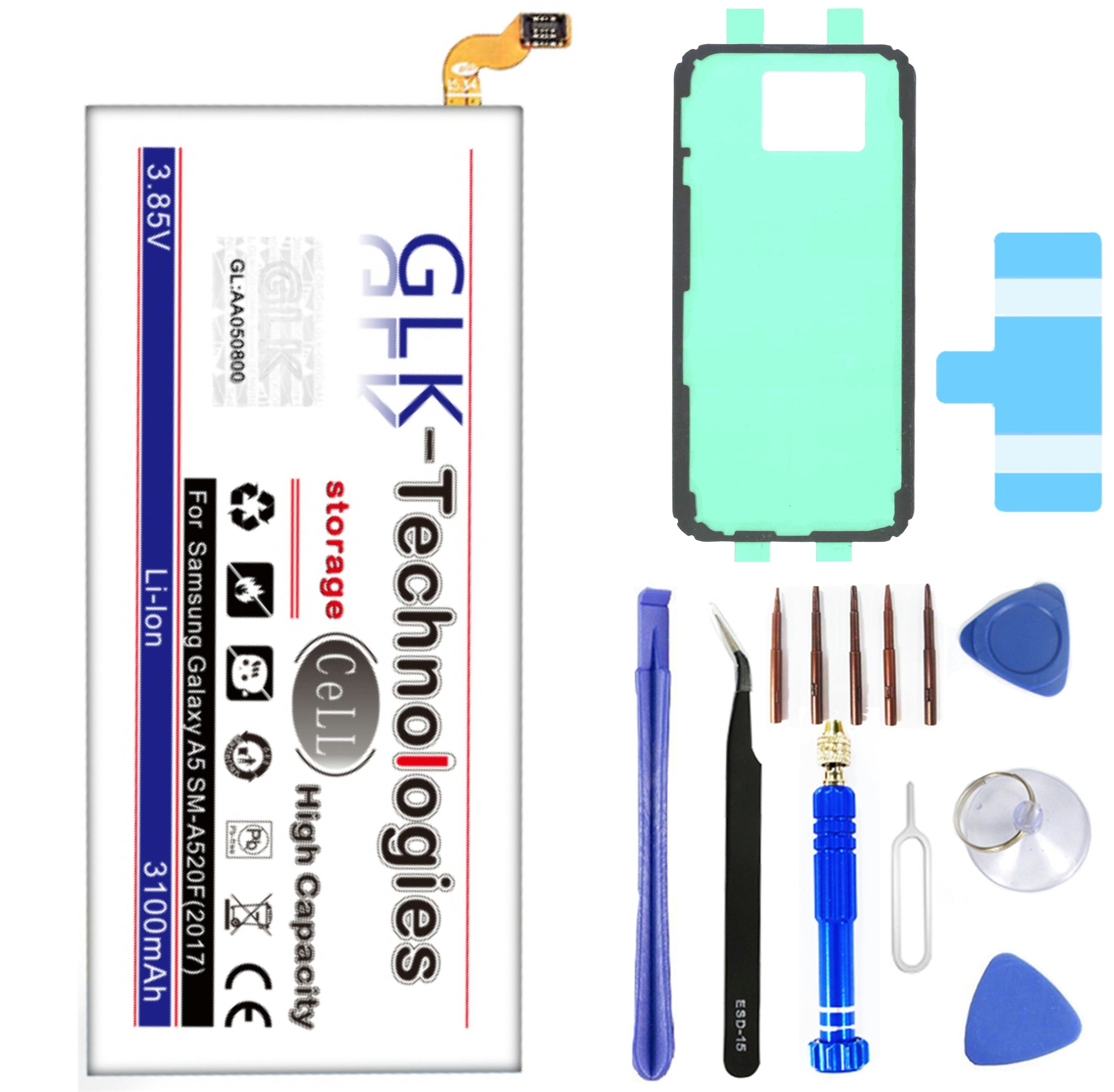 Set Samsung Werkzeug High // 3100 Reparaturset mit GLK-Technologies® passend mAh A5 Galaxy 3100 Smartphone-Akku kompatibel 2017 (3.8 mAh SM-A520F Power, EB-BA500ABE, GLK-Technologies V) Original Akku