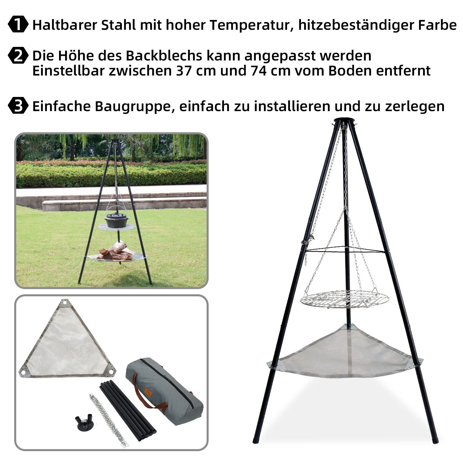 CCLIFE Grillschale Schwenkgrill Grillrost Holzkohlegrill Dreibein Feuertopf Camping, Eisen, speichert die Hitze gleichmäßig und über einen langen Zeitraum.