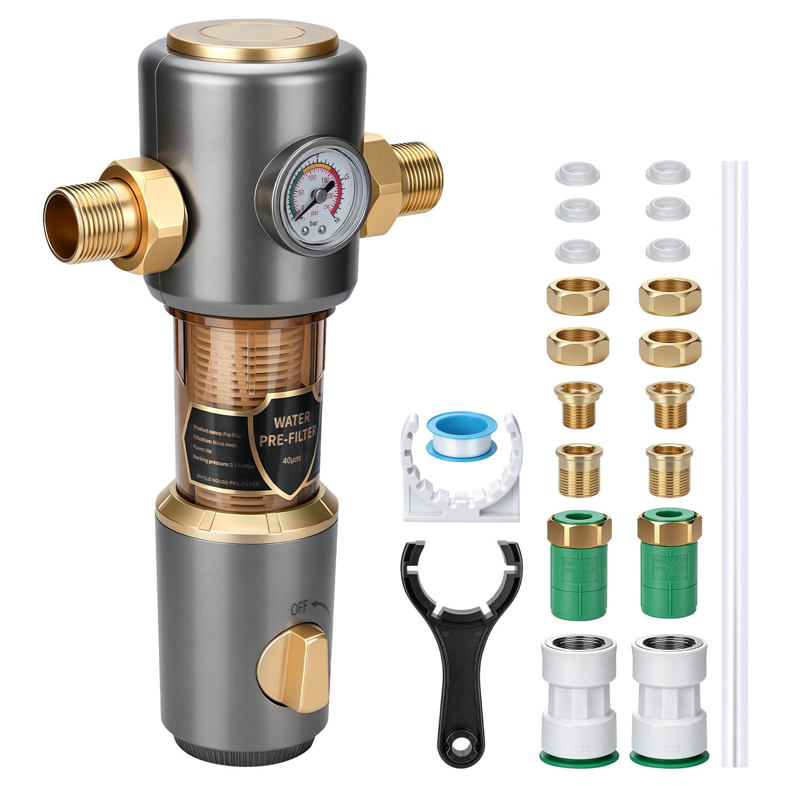 XERSEK Rückspülfilter 8 T/h Wasserfilter Vorfilter Selbstreinigung Spin Down Sedimentfilter (Set, 1'' mit Adaptern 1/2'' & 3/4), Hauswasserfilter mit Schabelement